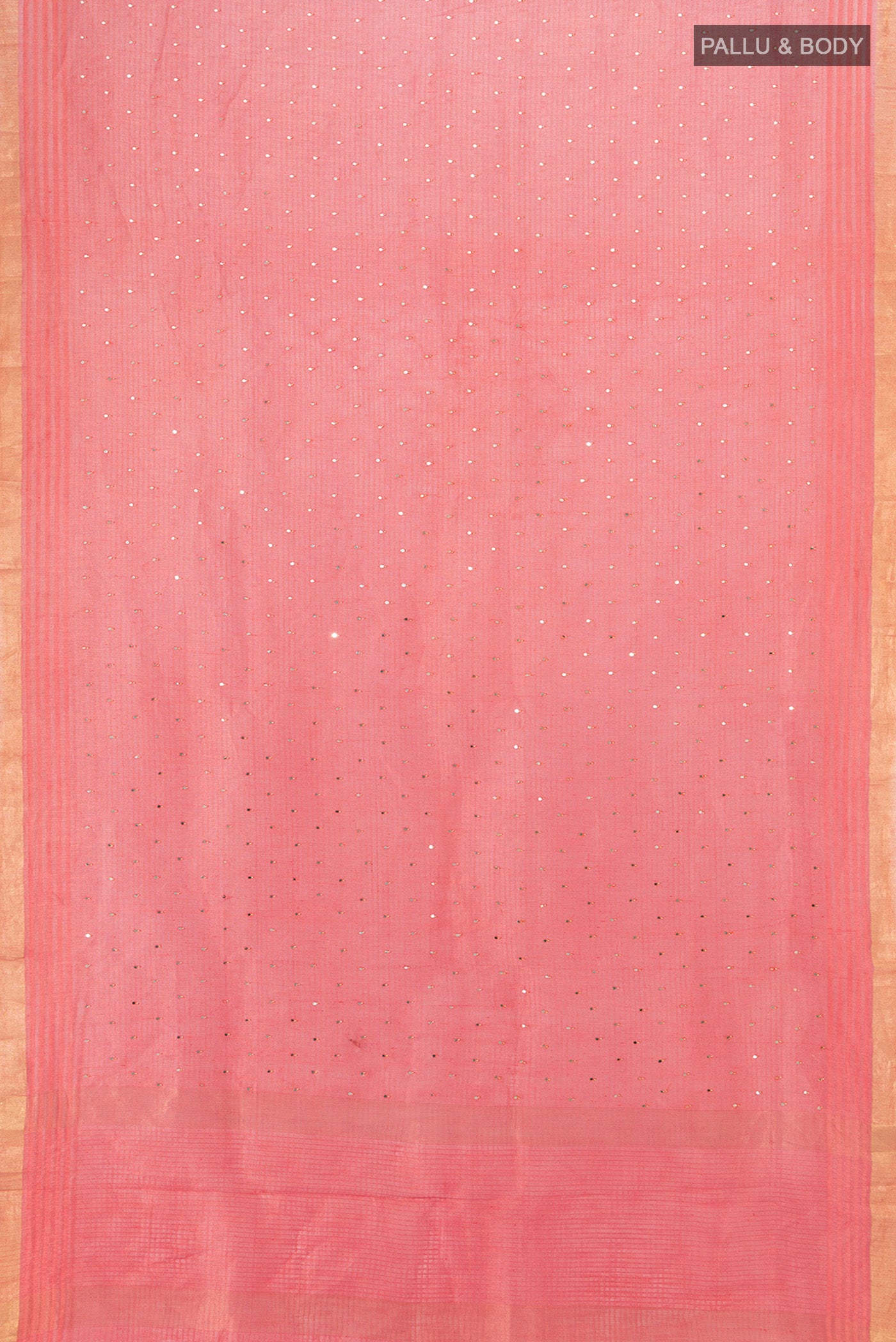 Flat view of Pink Tussar Silk Saree with Embroidery on the body and Zari Border. 