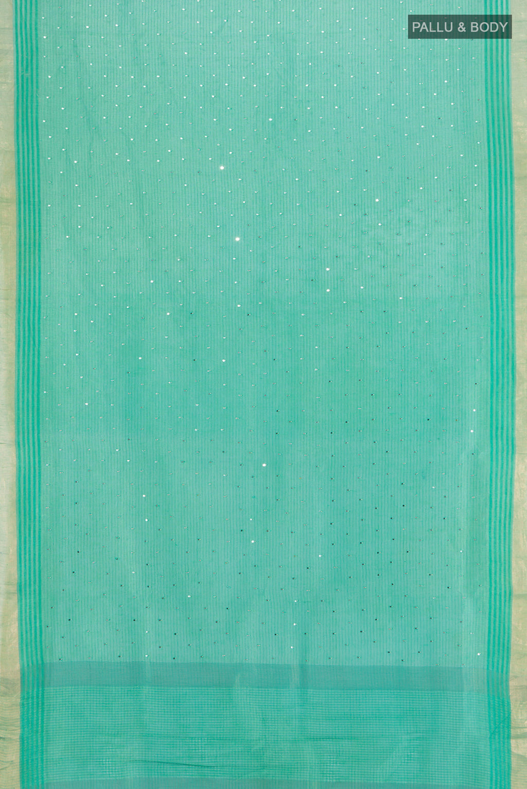 Flat view of Sea Green Tussar Silk Saree with Embroidery on the body and Zari Border. 