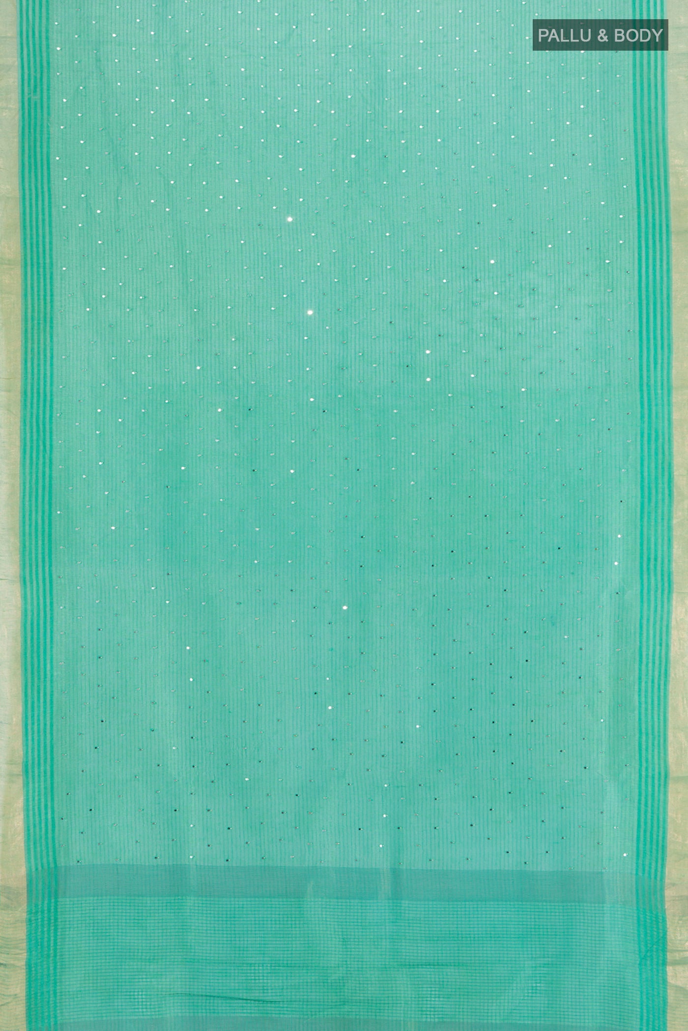 Flat view of Sea Green Tussar Silk Saree with Embroidery on the body and Zari Border. 