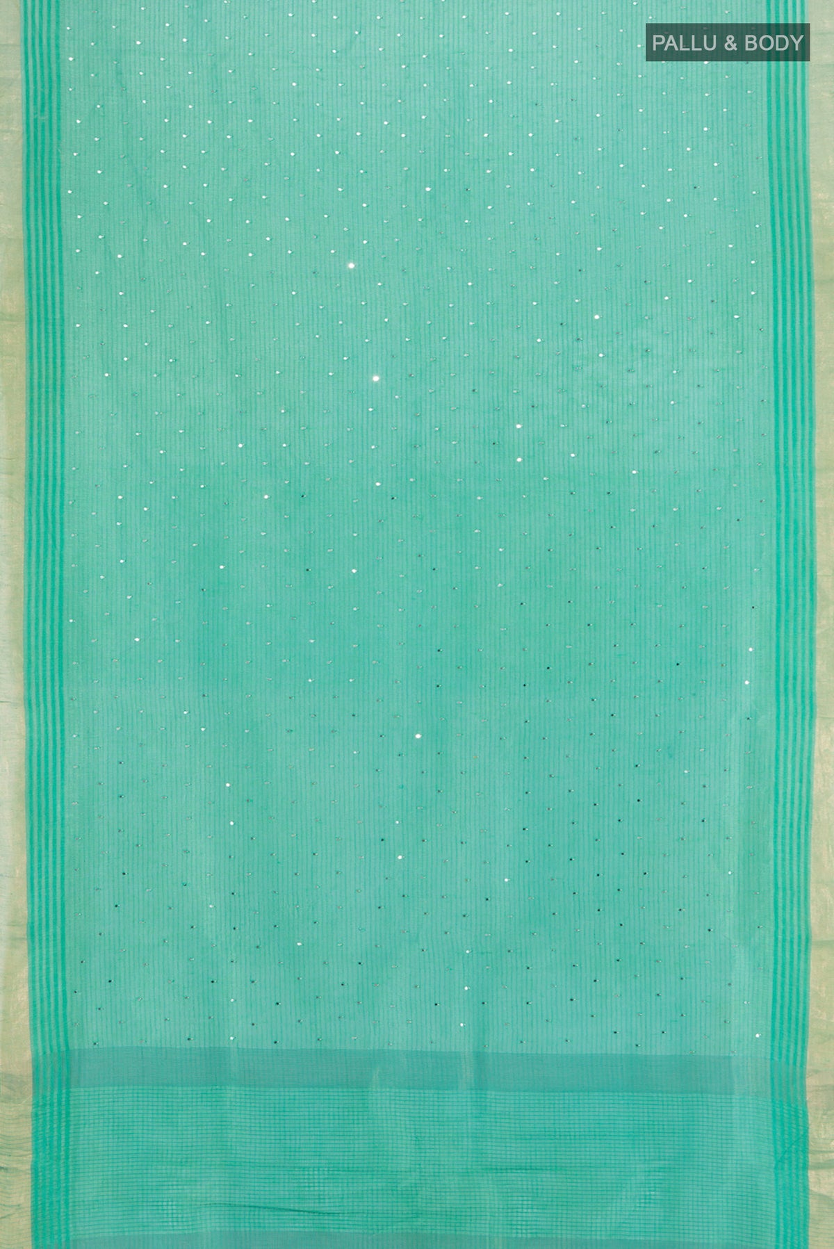 Flat view of Sea Green Tussar Silk Saree with Embroidery on the body and Zari Border. 