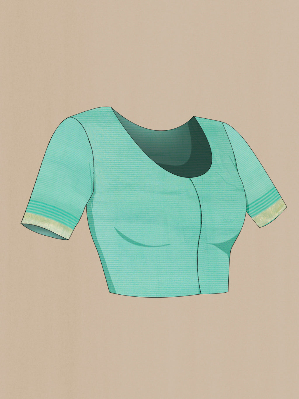 Close up image of the blouse of Sky Blue Tussar Silk Saree with Embroidery on the body and Silk Border. 