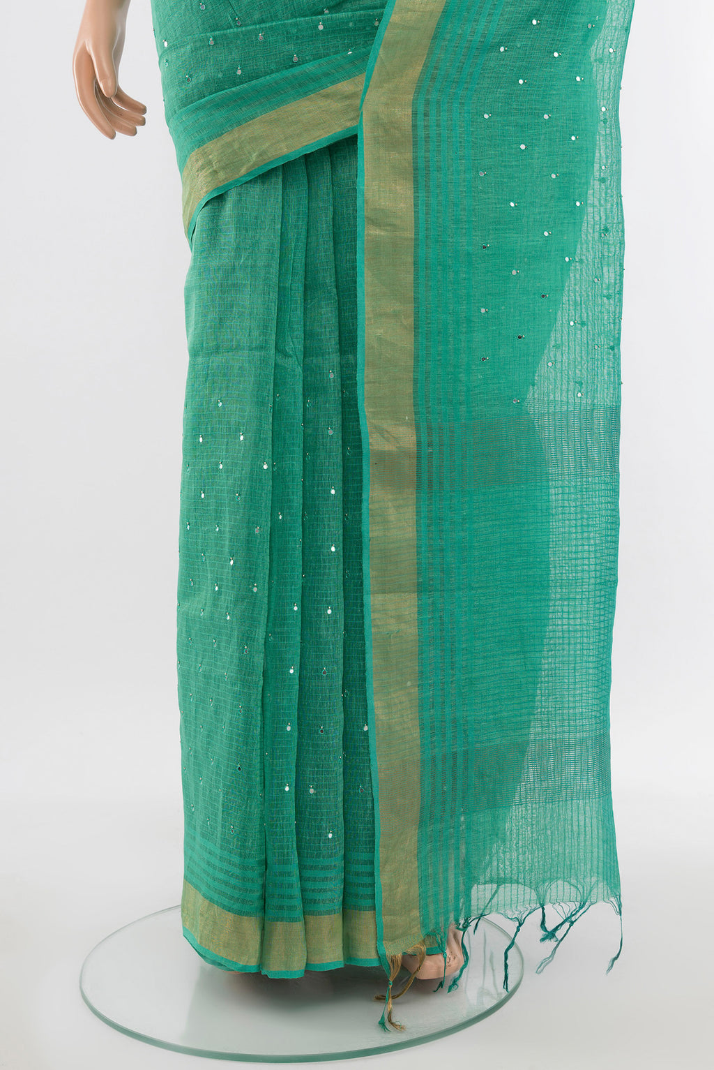 Pleats and pallu of Sky Blue Tussar Silk Saree with Embroidery on the body and Silk Border. 