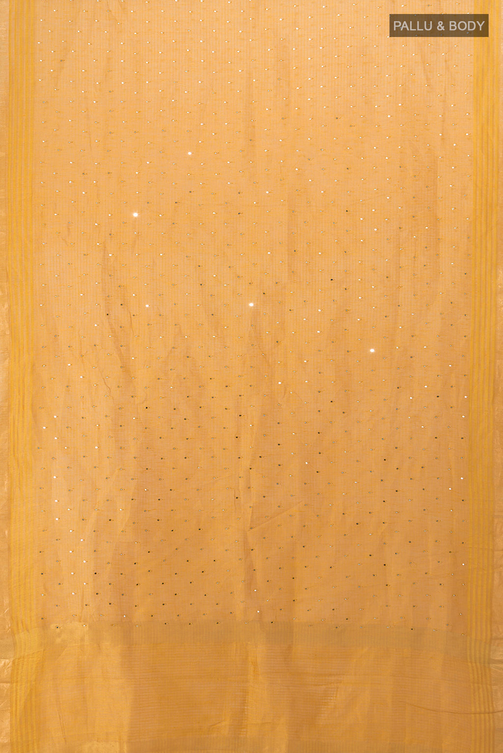 Flat view of Mustard Tussar Silk Saree with Embroidery on the body and Silk Border. 
