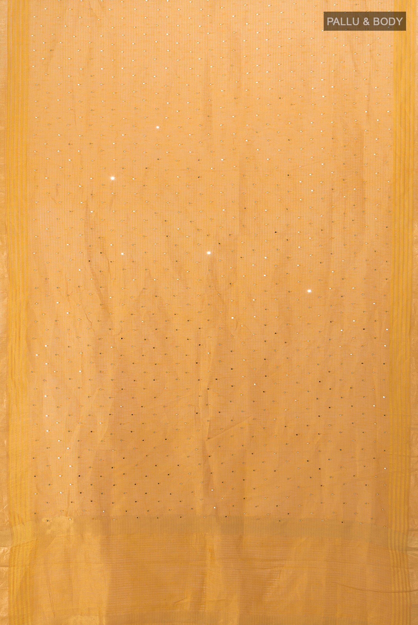 Flat view of Mustard Tussar Silk Saree with Embroidery on the body and Silk Border. 