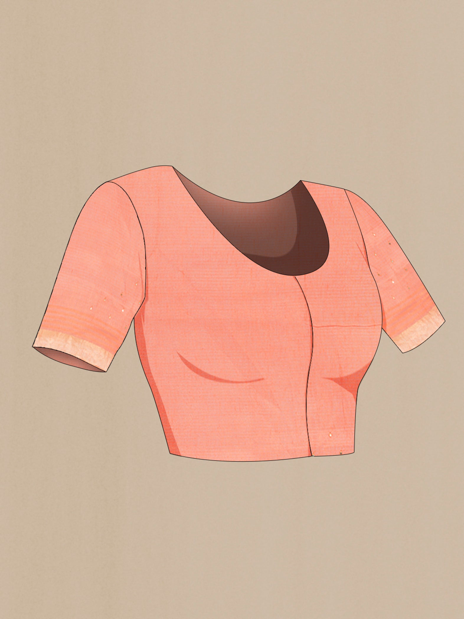 Close up image of the blouse of Peach Tussar Silk Saree with Embroidery on the body and Silk Border. 