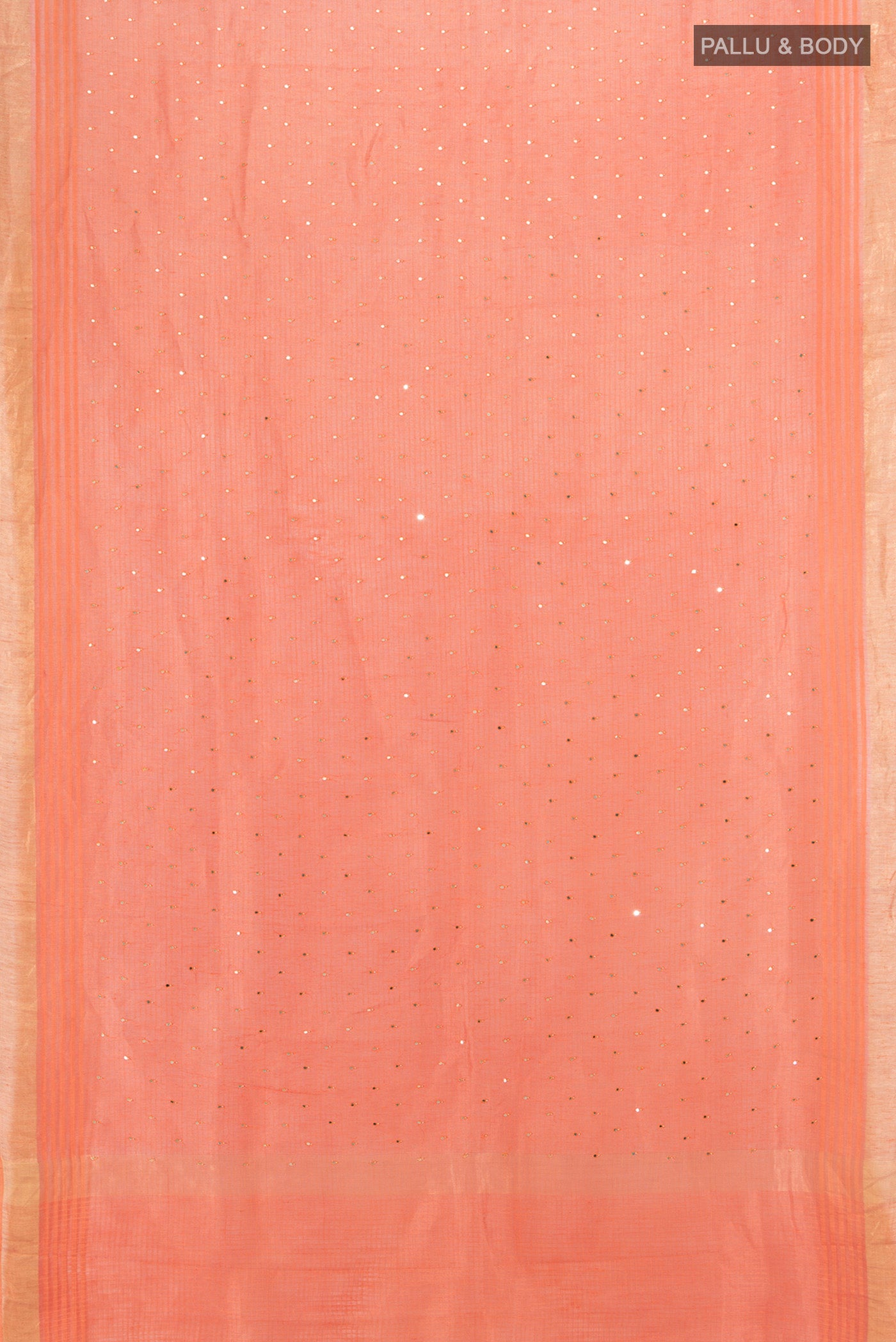 Flat view of Peach Tussar Silk Saree with Embroidery on the body and Silk Border. 