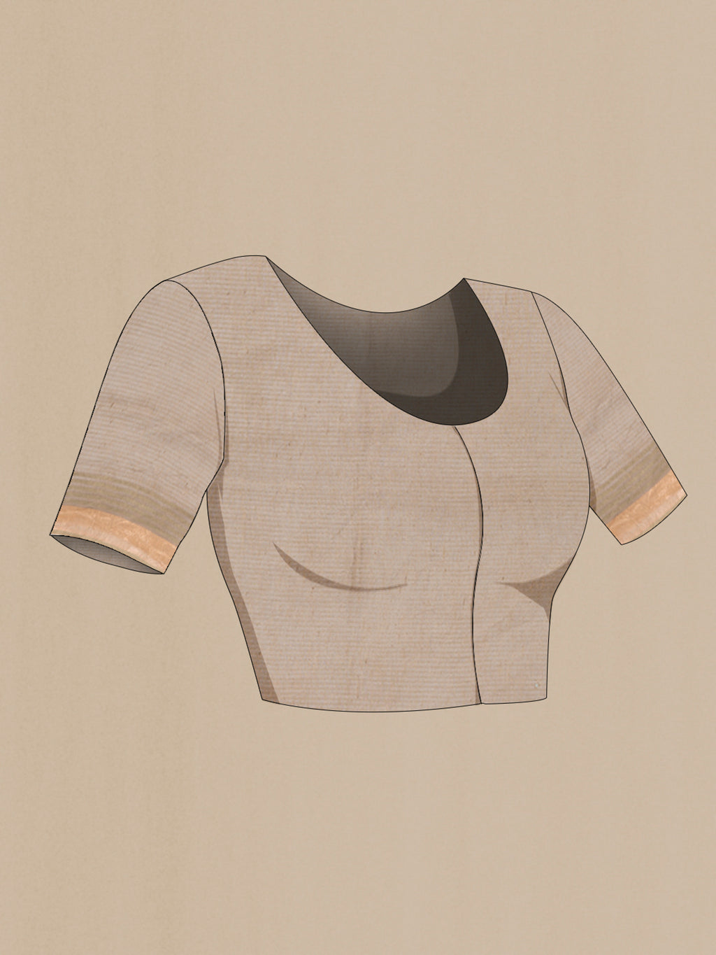 Close up image of the blouse of Beige Tussar Silk Saree with Embroidery on the body and Zari Border. 