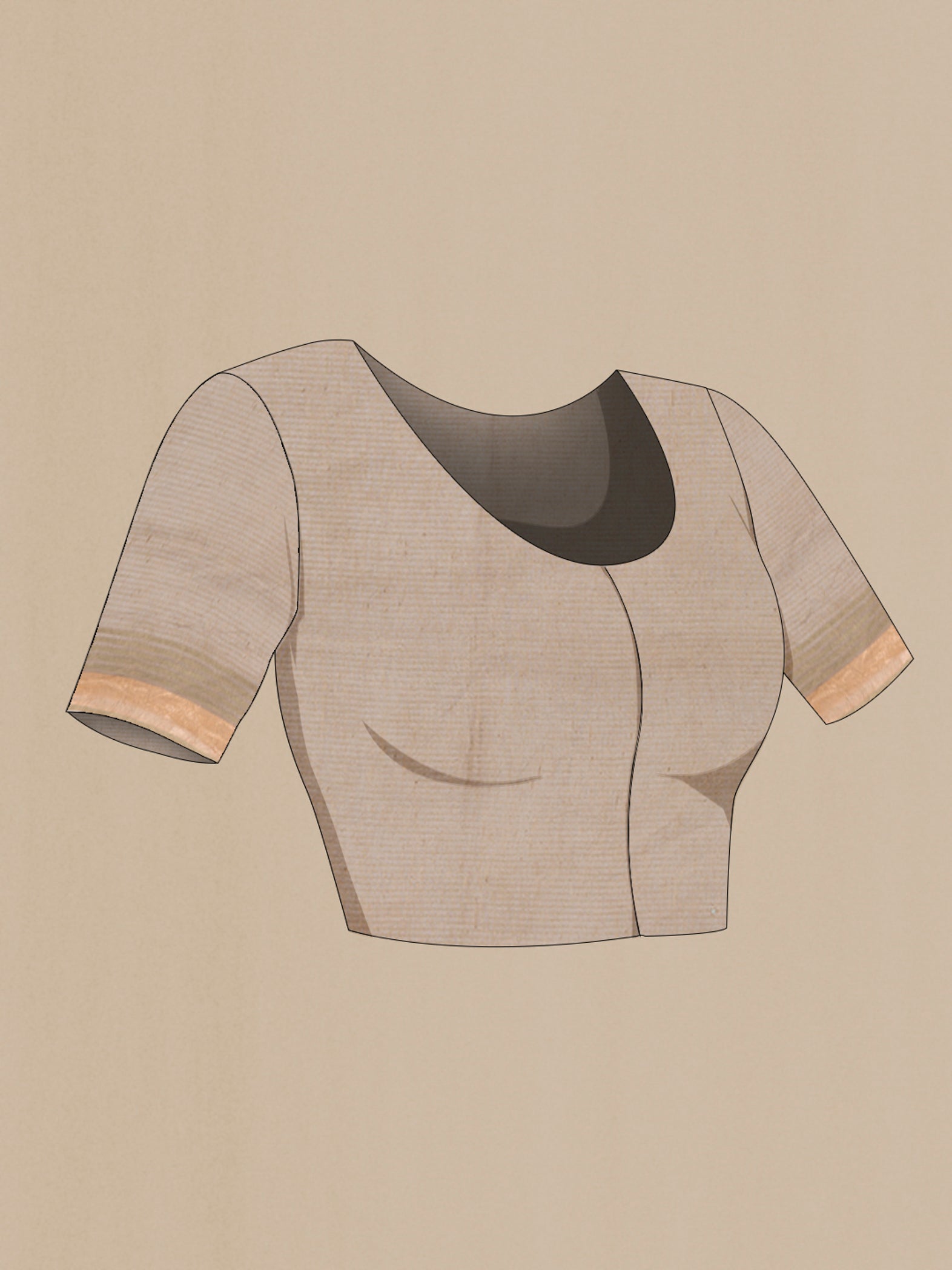 Close up image of the blouse of Beige Tussar Silk Saree with Embroidery on the body and Zari Border. 