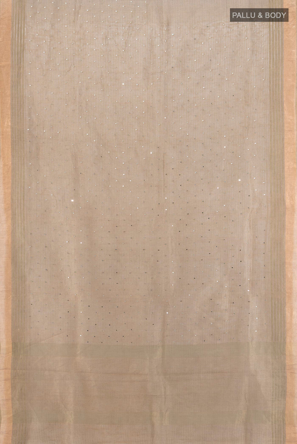 Flat view of Beige Tussar Silk Saree with Embroidery on the body and Zari Border. 