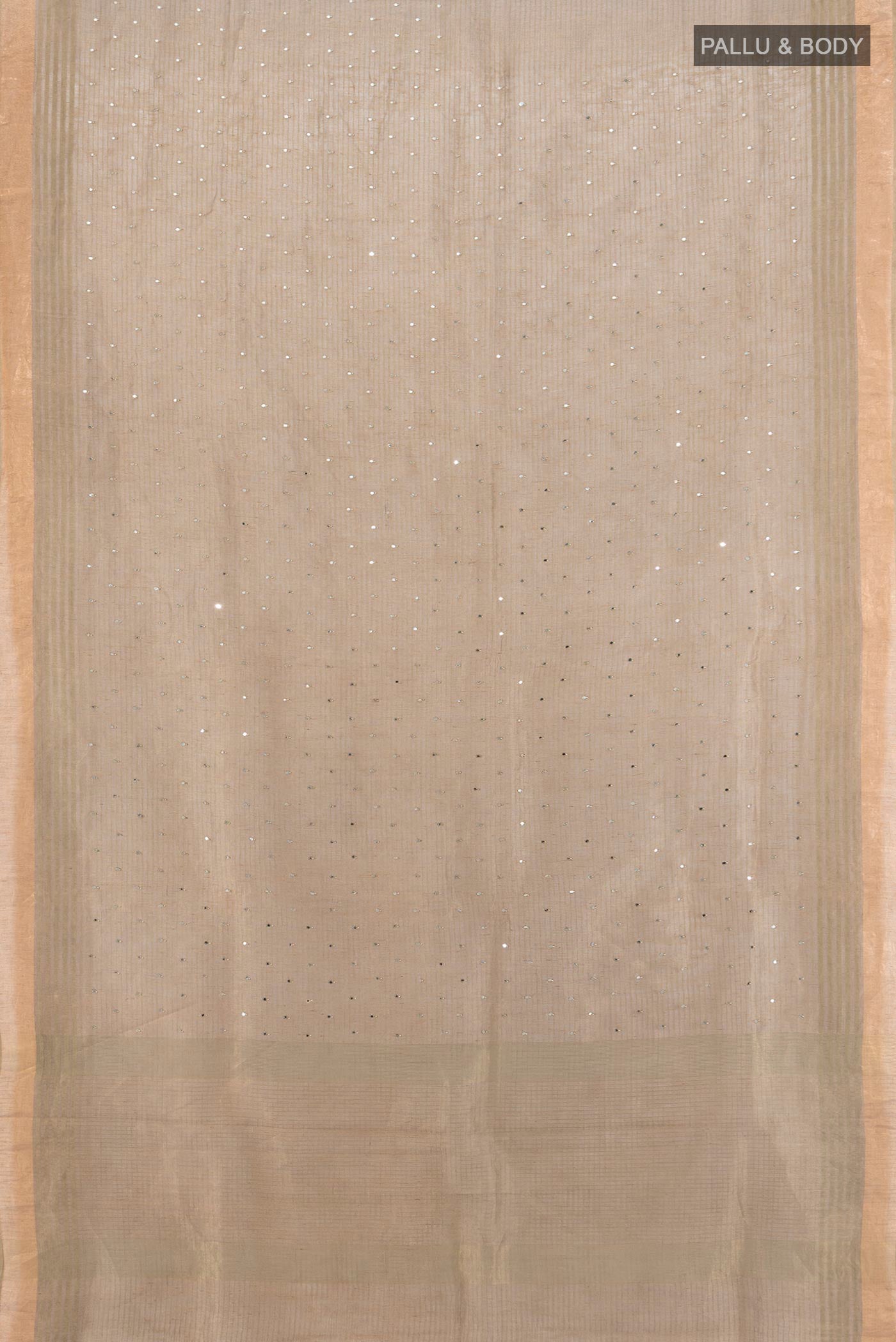Flat view of Beige Tussar Silk Saree with Embroidery on the body and Zari Border. 