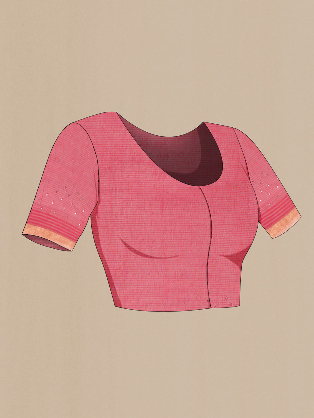 Close up image of the blouse of Pink Linen Saree with Embroidery on the body and Zari Border. 