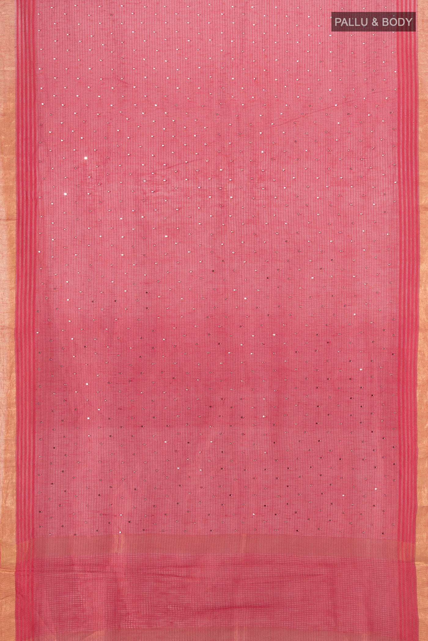 Flat view of Pink Linen Saree with Embroidery on the body and Zari Border. 