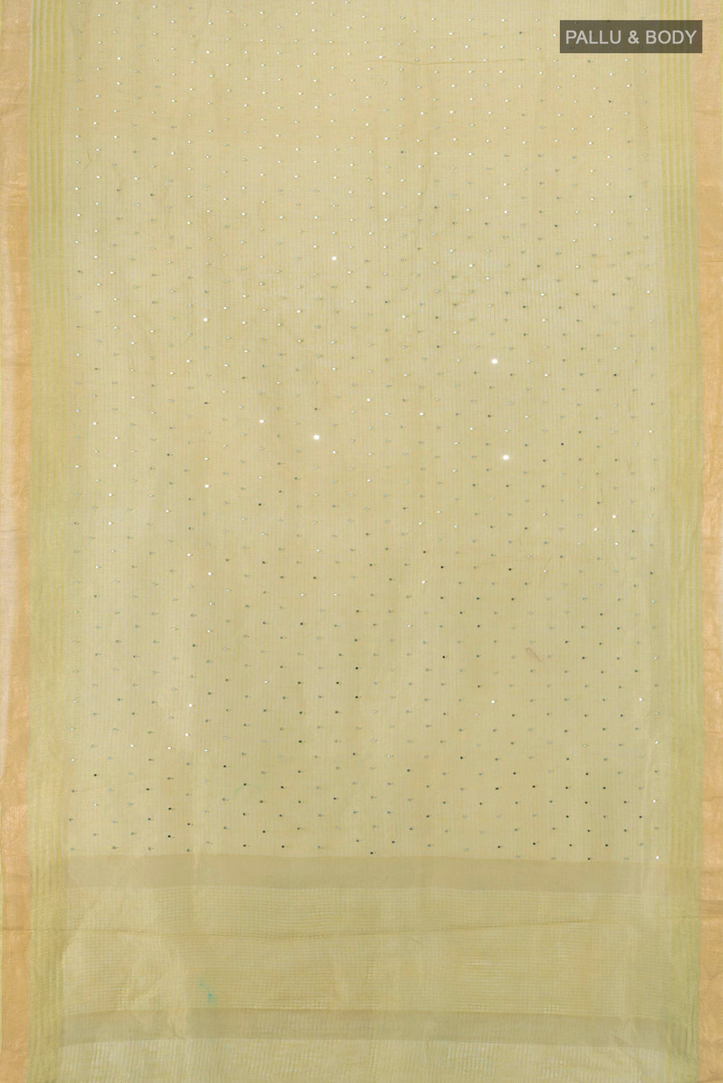 Flat view of Light Green Tussar Silk Saree with Embroidery on the body and Zari Border. 