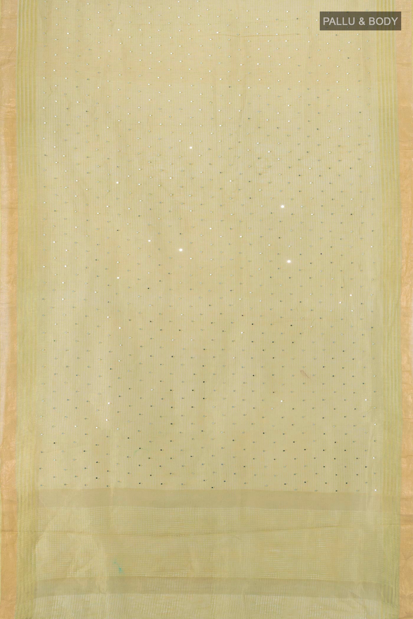 Flat view of Light Green Tussar Silk Saree with Embroidery on the body and Zari Border. 