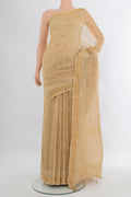 Sandal Tussar Silk Saree with Embroidery on the body and Zari Border.  displayed on a mannequin