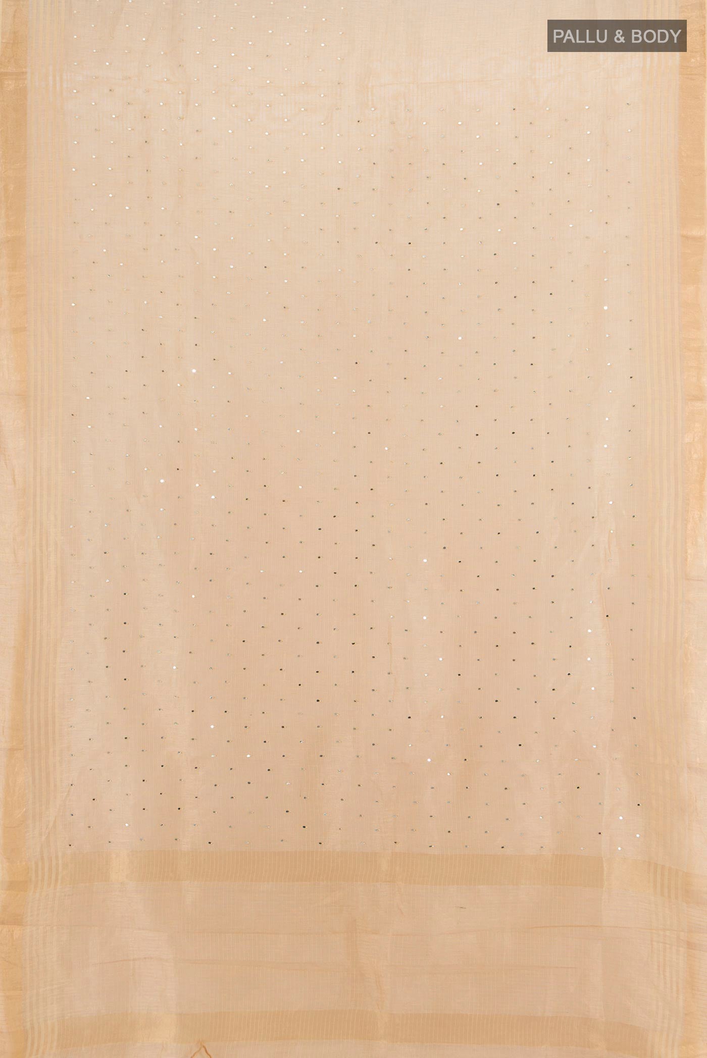Flat view of Sandal Tussar Silk Saree with Embroidery on the body and Zari Border. 