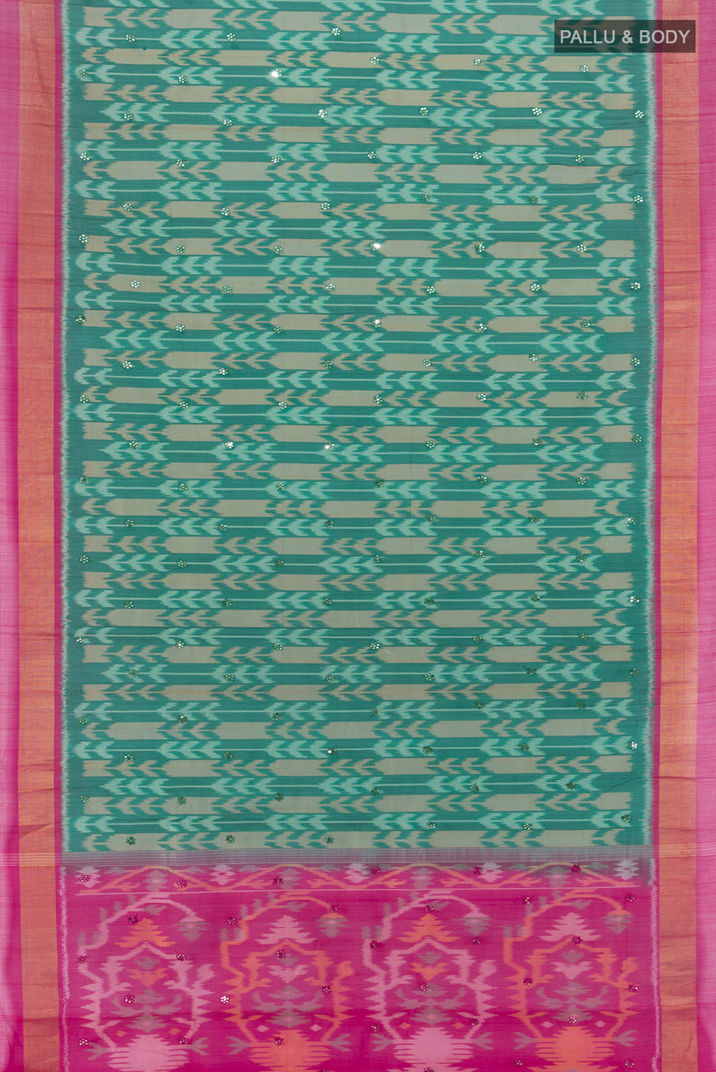 Flat view of Teal Silk Cotton Saree with Ikat Print on the body and Zari Border. 