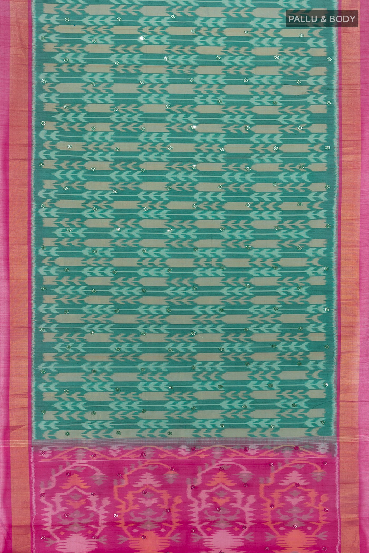 Flat view of Teal Silk Cotton Saree with Ikat Print on the body and Zari Border. 