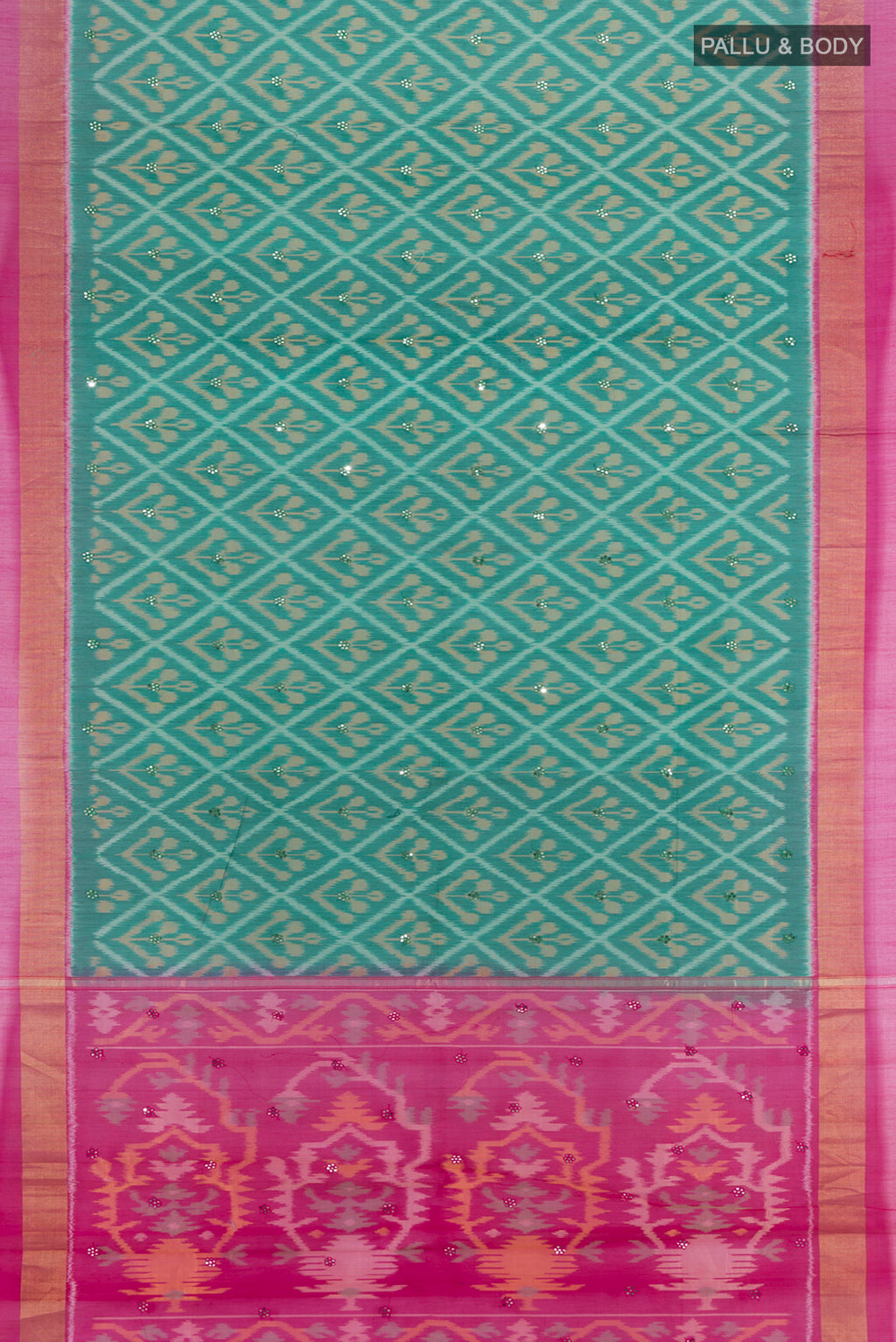 Flat view of Green Silk Cotton Saree with Ikat Print on the body and Plain Border. 