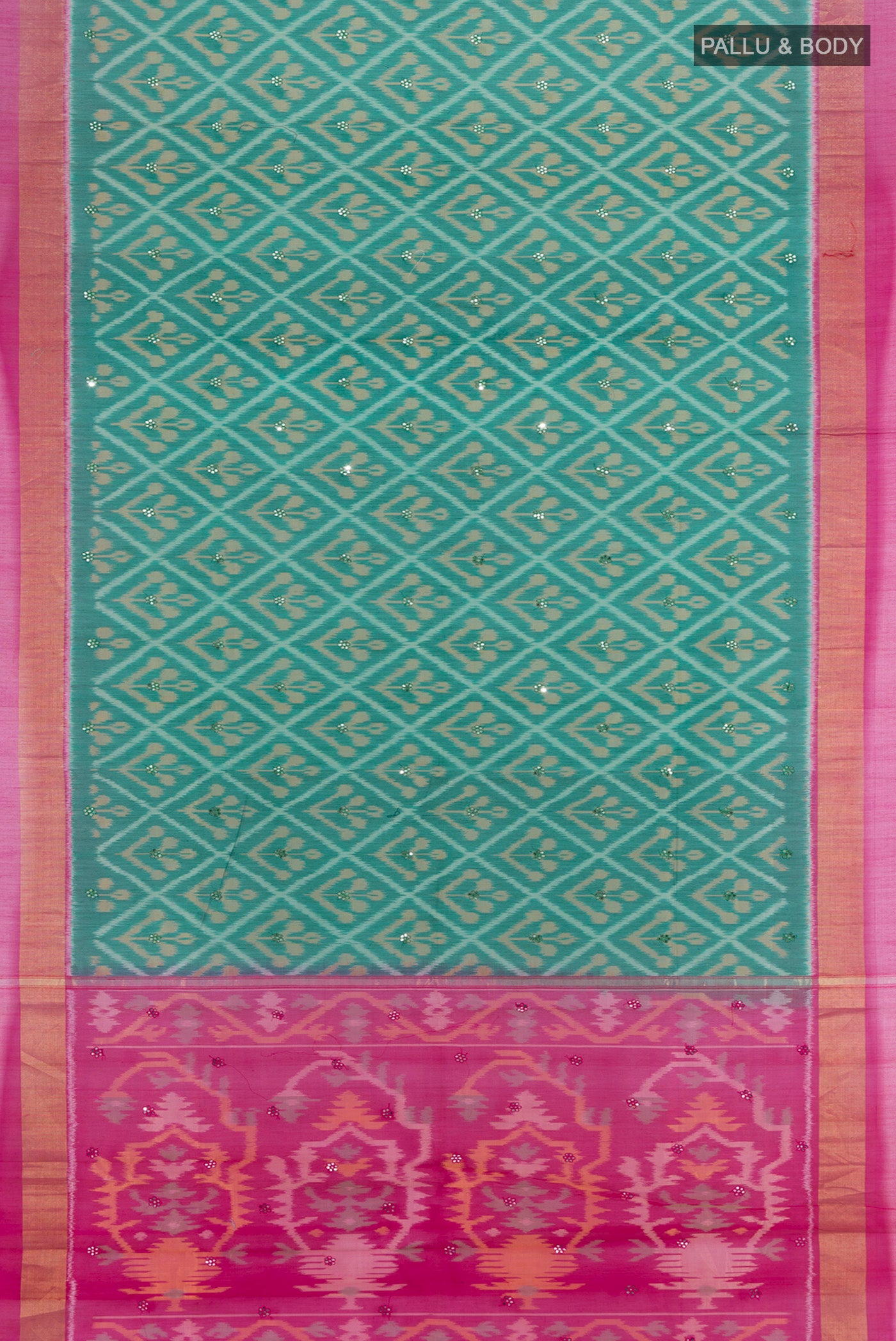 Flat view of Green Silk Cotton Saree with Ikat Print on the body and Plain Border. 