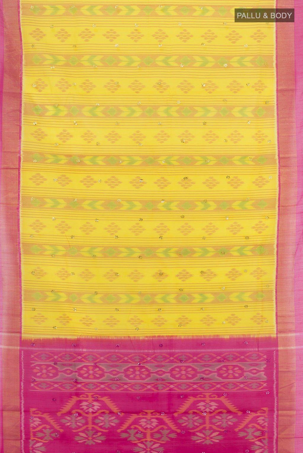 Flat view of Yellow Silk Cotton Saree with Ikat Print on the body and Zari Border. 