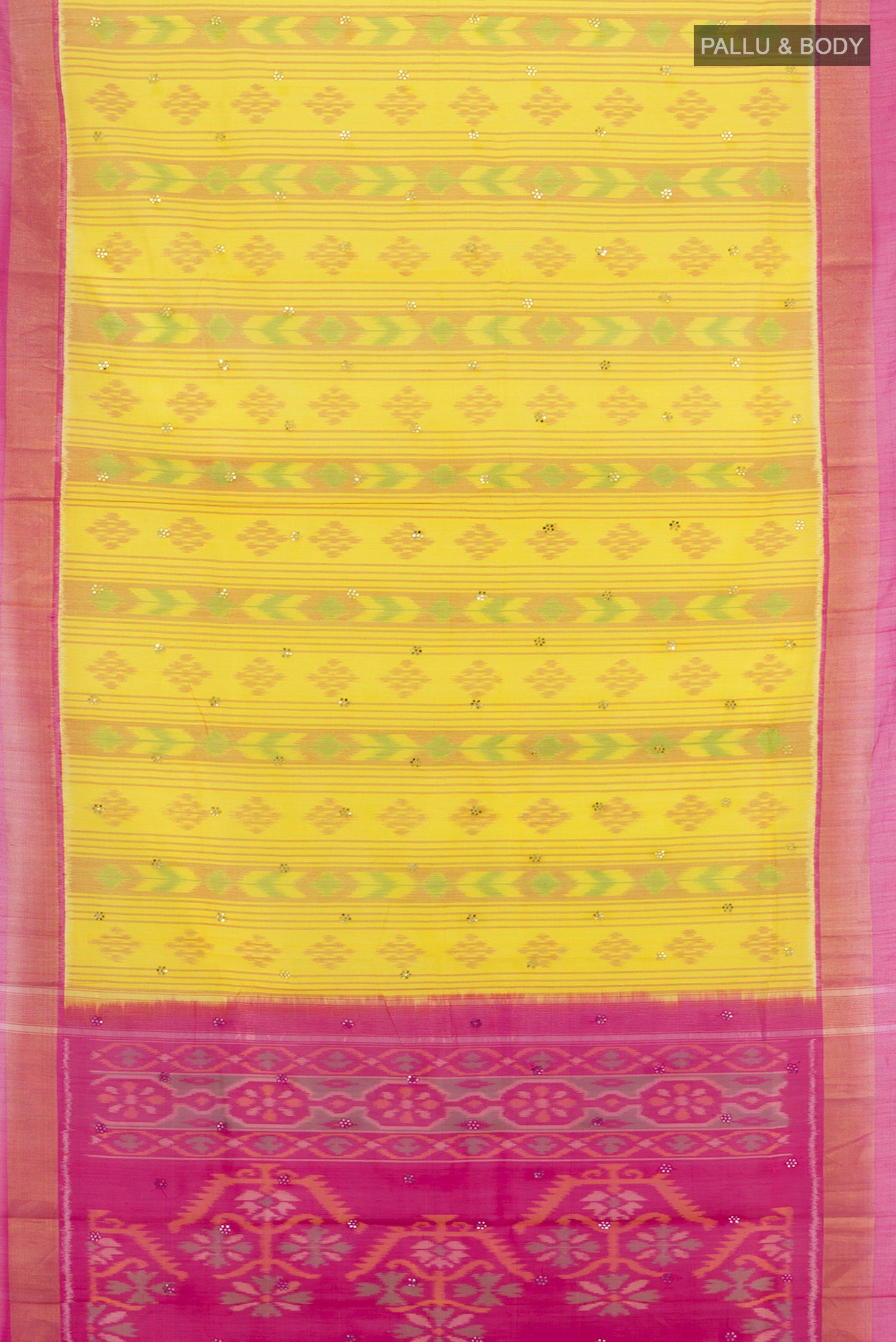 Flat view of Yellow Silk Cotton Saree with Ikat Print on the body and Zari Border. 