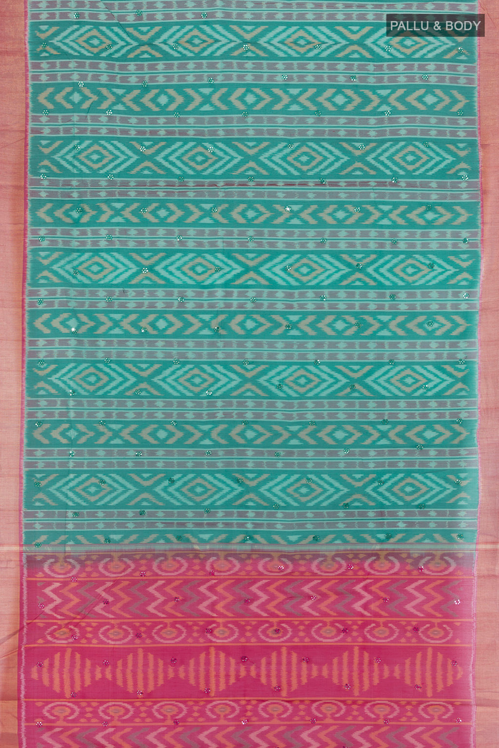 Flat view of Sea Green Silk Cotton Saree with Ikat design on the body and Zari Border. 