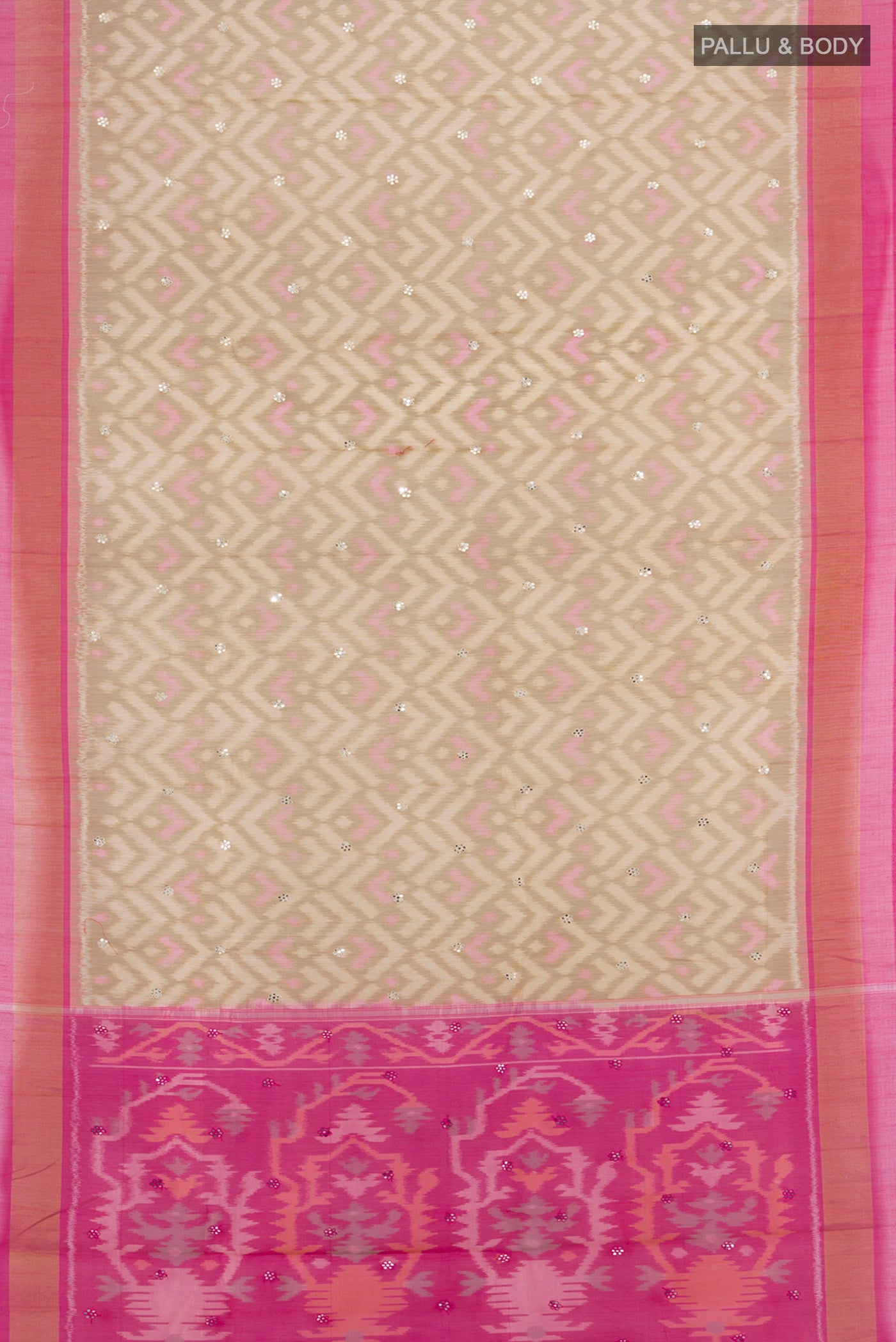 Flat view of Cream Silk Cotton Saree with Ikat Print on the body and Plain Border. 