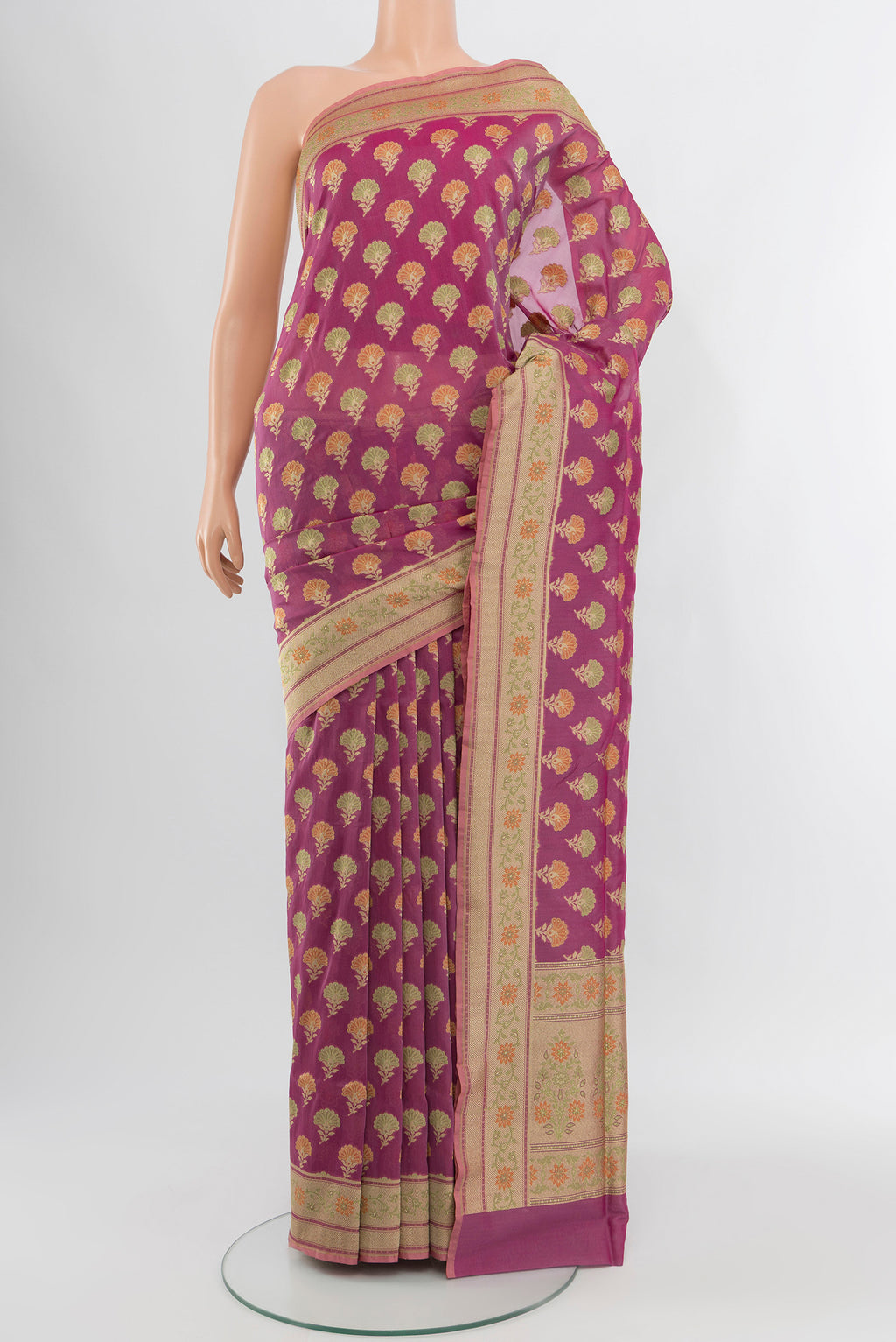 Purple Banarasi Silk Saree with Zari Butta on the body and Zari Border.  displayed on a mannequin