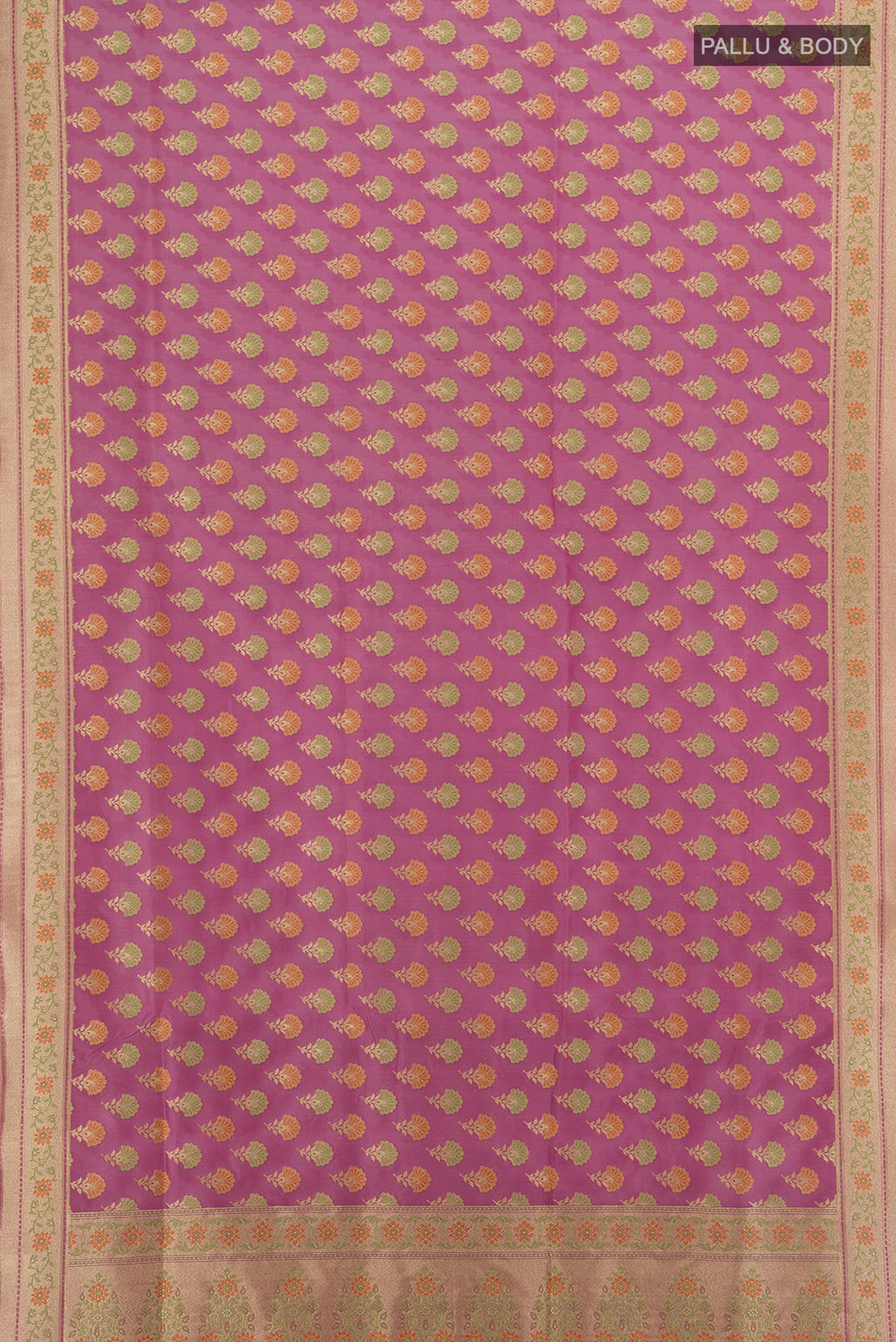 Flat view of Purple Banarasi Silk Saree with Zari Butta on the body and Zari Border. 
