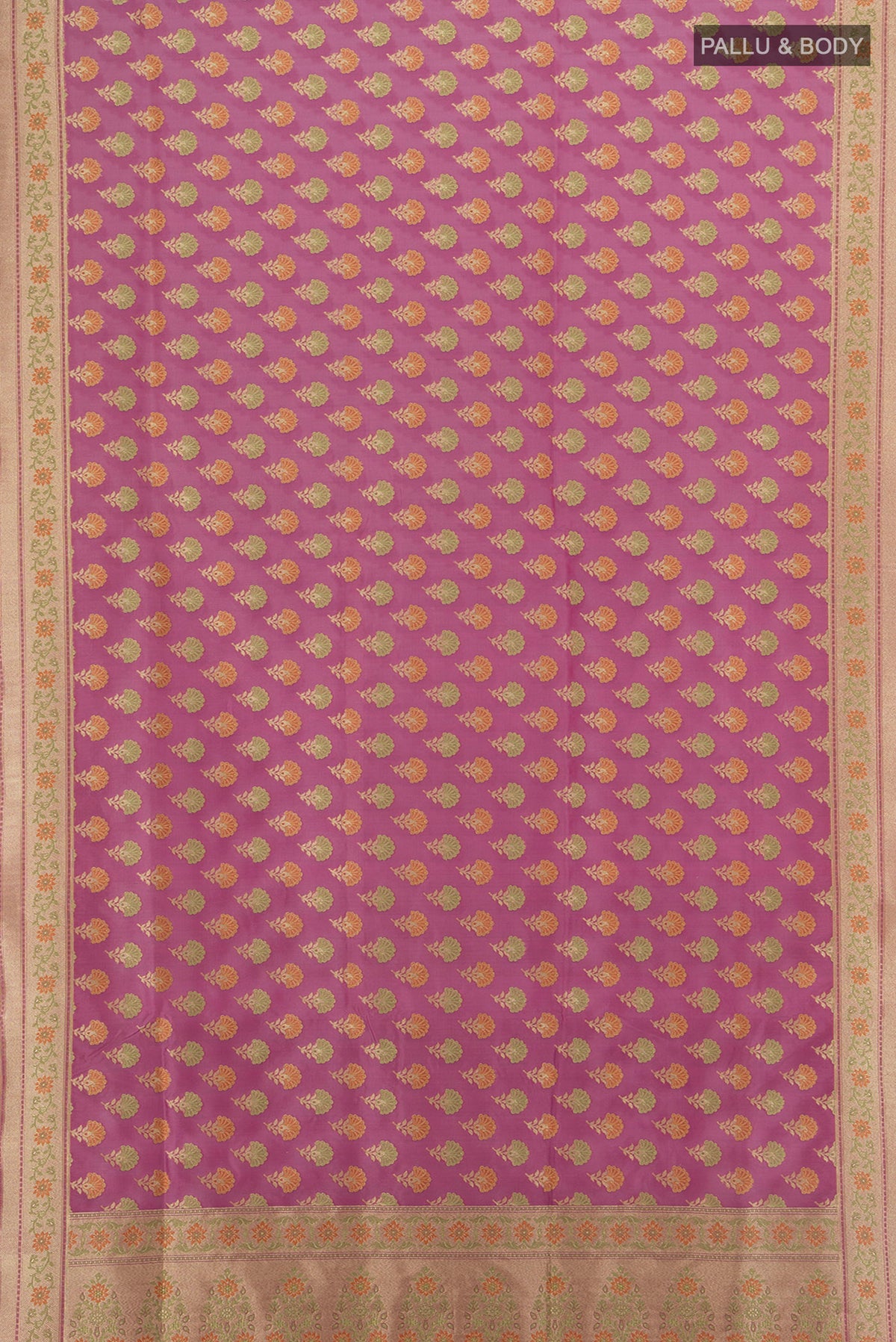 Flat view of Purple Banarasi Silk Saree with Zari Butta on the body and Zari Border. 