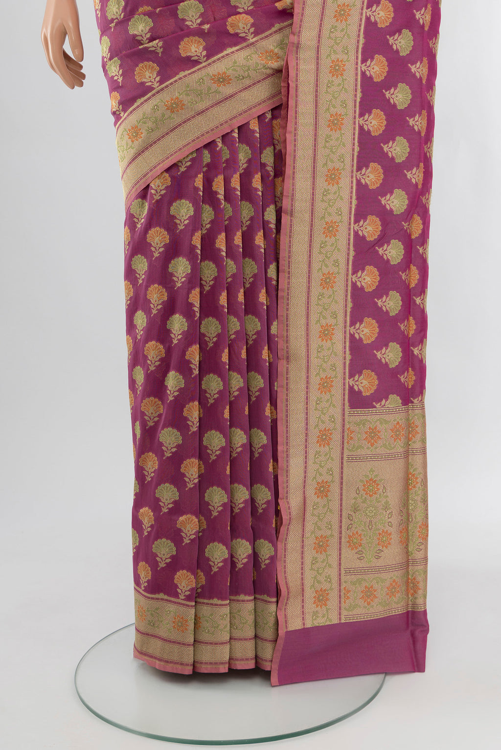 Pleats and pallu of Purple Banarasi Silk Saree with Zari Butta on the body and Zari Border. 