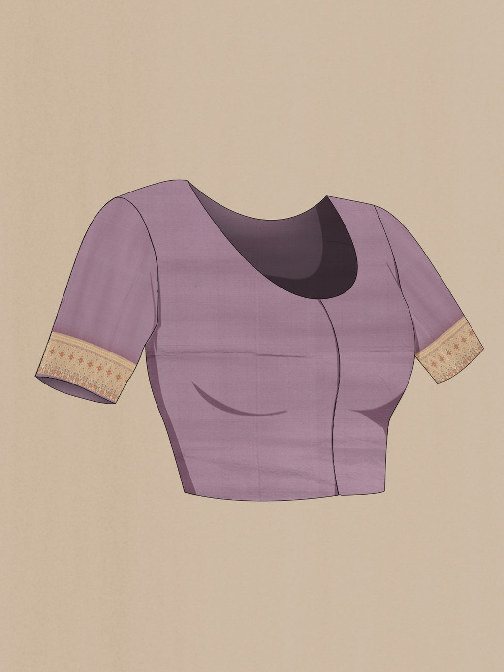 Close up image of the blouse of Lavender Banarasi Silk Saree with Zari And Thread Butta on the body and Zari Border. 