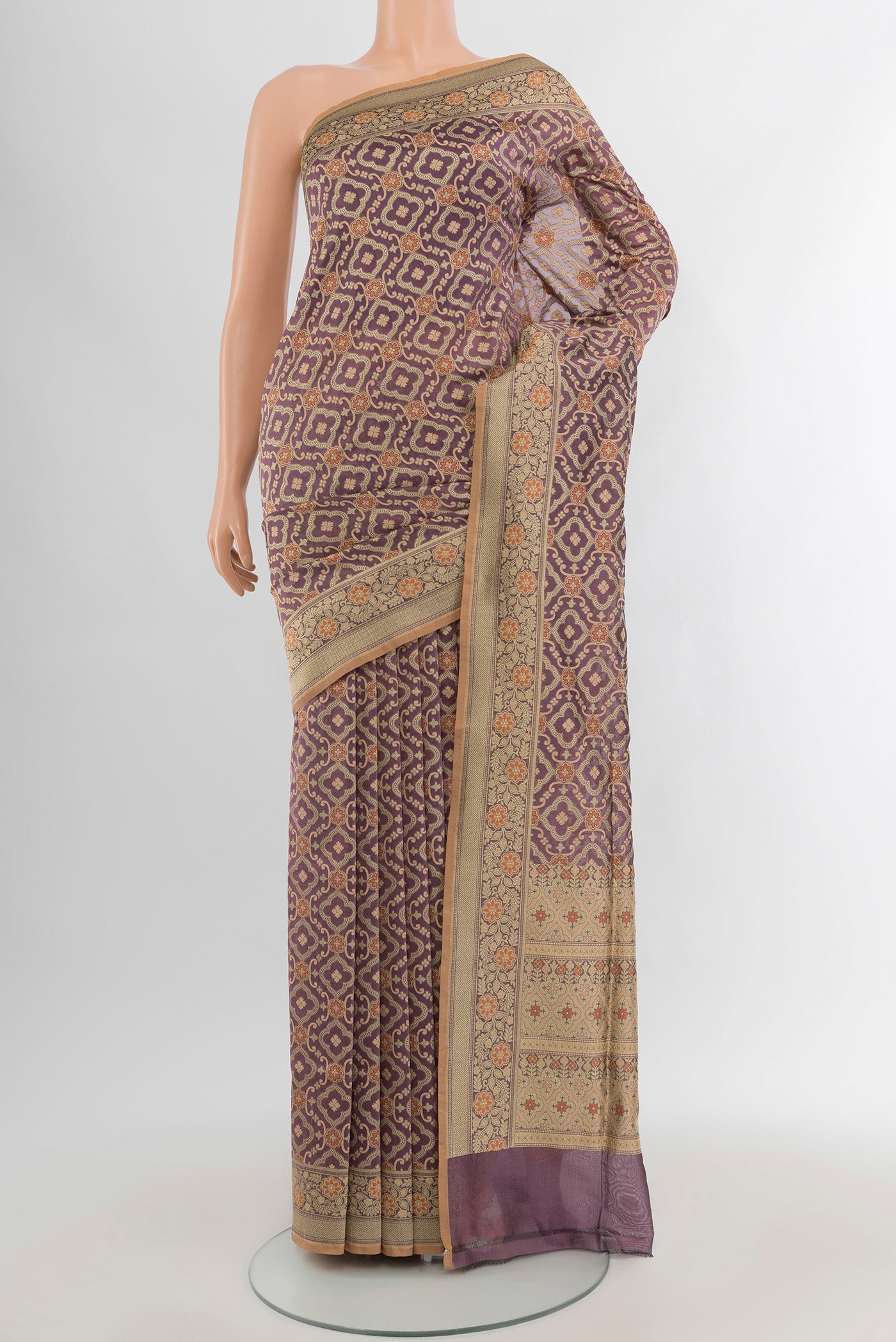 Lavender Banarasi Silk Saree with Zari And Thread Butta on the body and Zari Border.  displayed on a mannequin