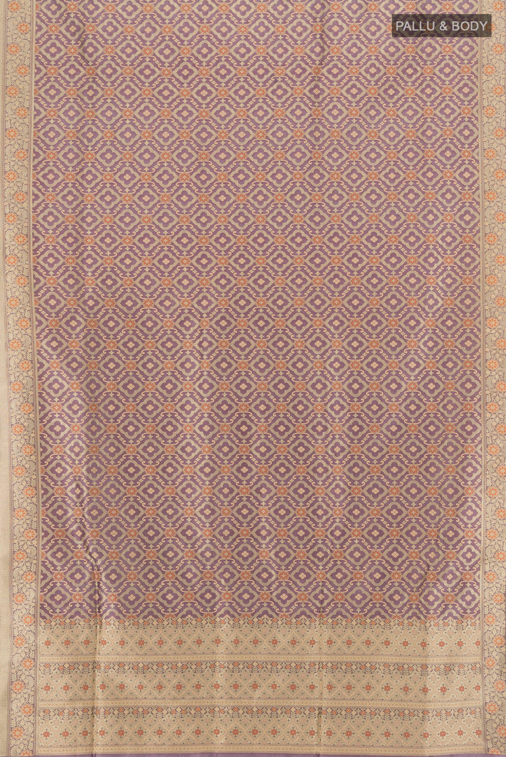 Flat view of Lavender Banarasi Silk Saree with Zari And Thread Butta on the body and Zari Border. 