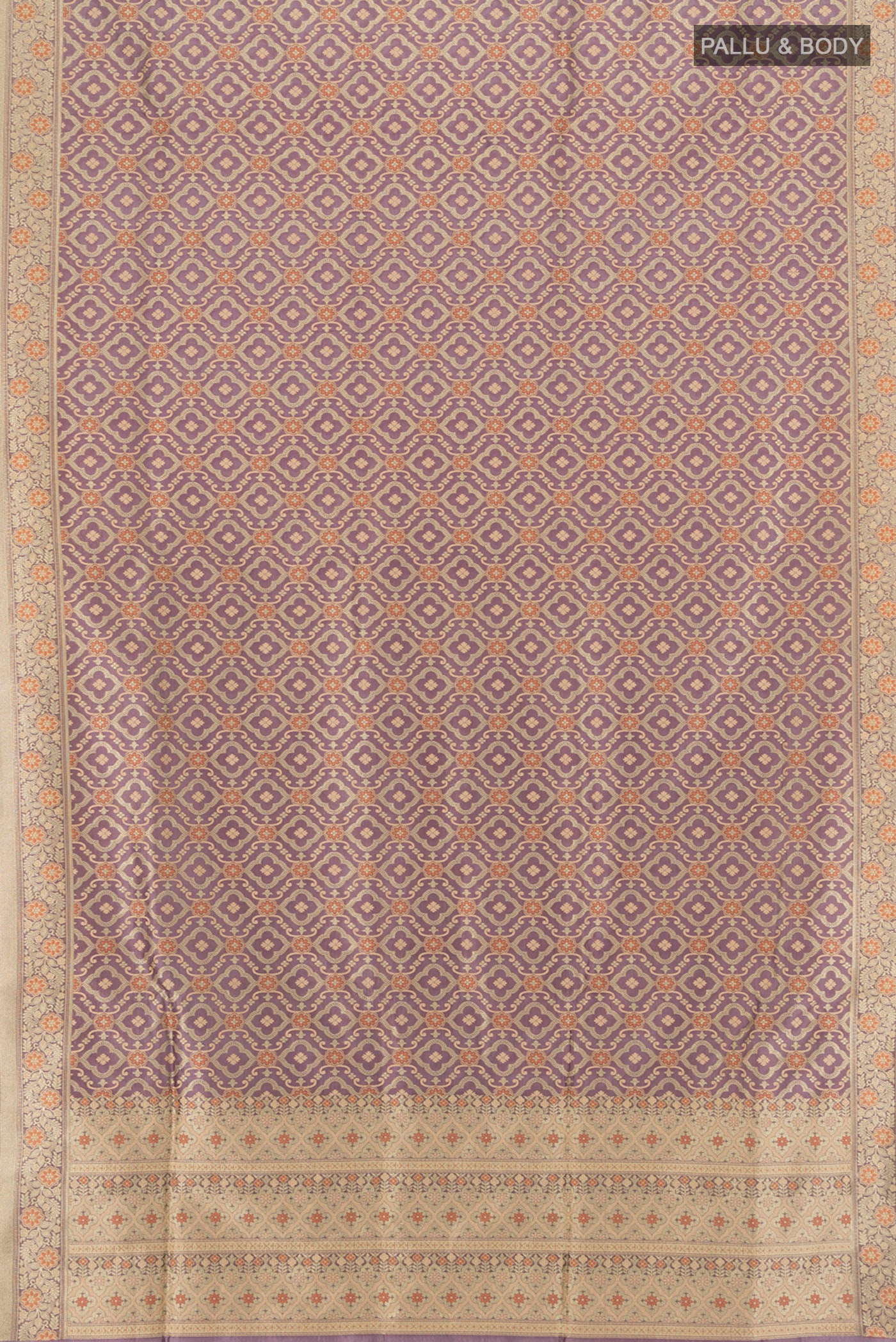 Flat view of Lavender Banarasi Silk Saree with Zari And Thread Butta on the body and Zari Border. 