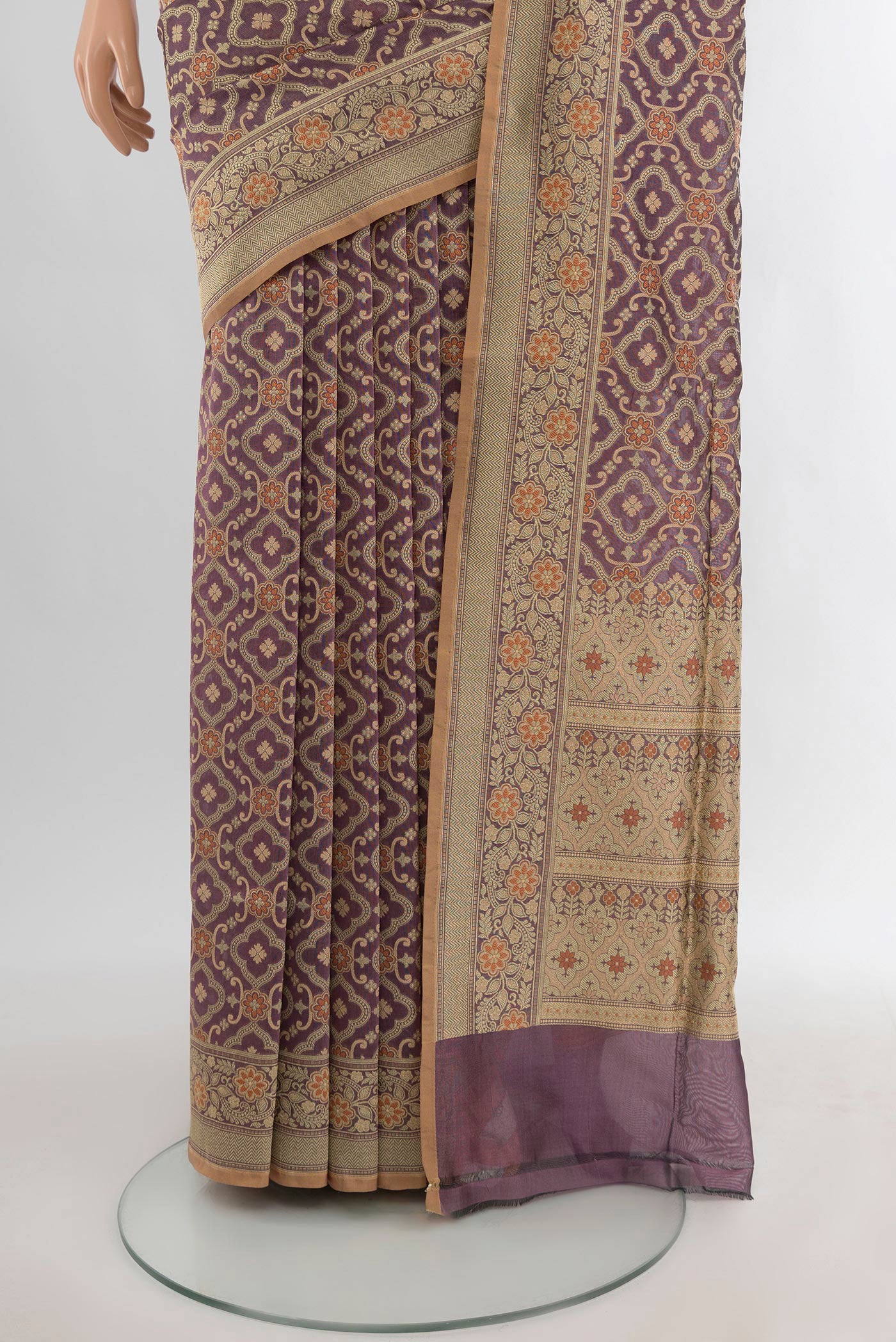 Pleats and pallu of Lavender Banarasi Silk Saree with Zari And Thread Butta on the body and Zari Border. 