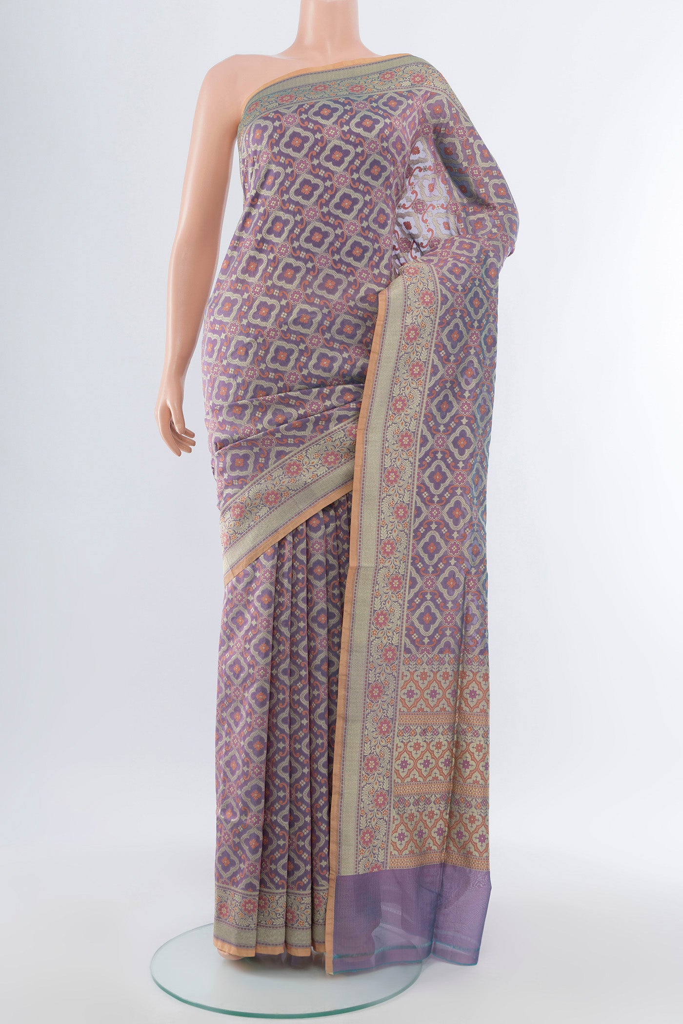 Multi Color Banarasi Silk Saree with Zari Butta on the body and Silk Border.  displayed on a mannequin