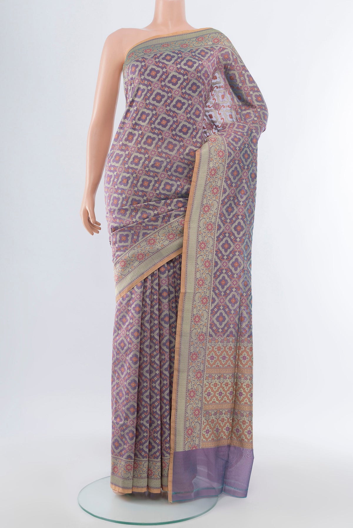 Multi Color Banarasi Silk Saree with Zari Butta on the body and Silk Border.  displayed on a mannequin