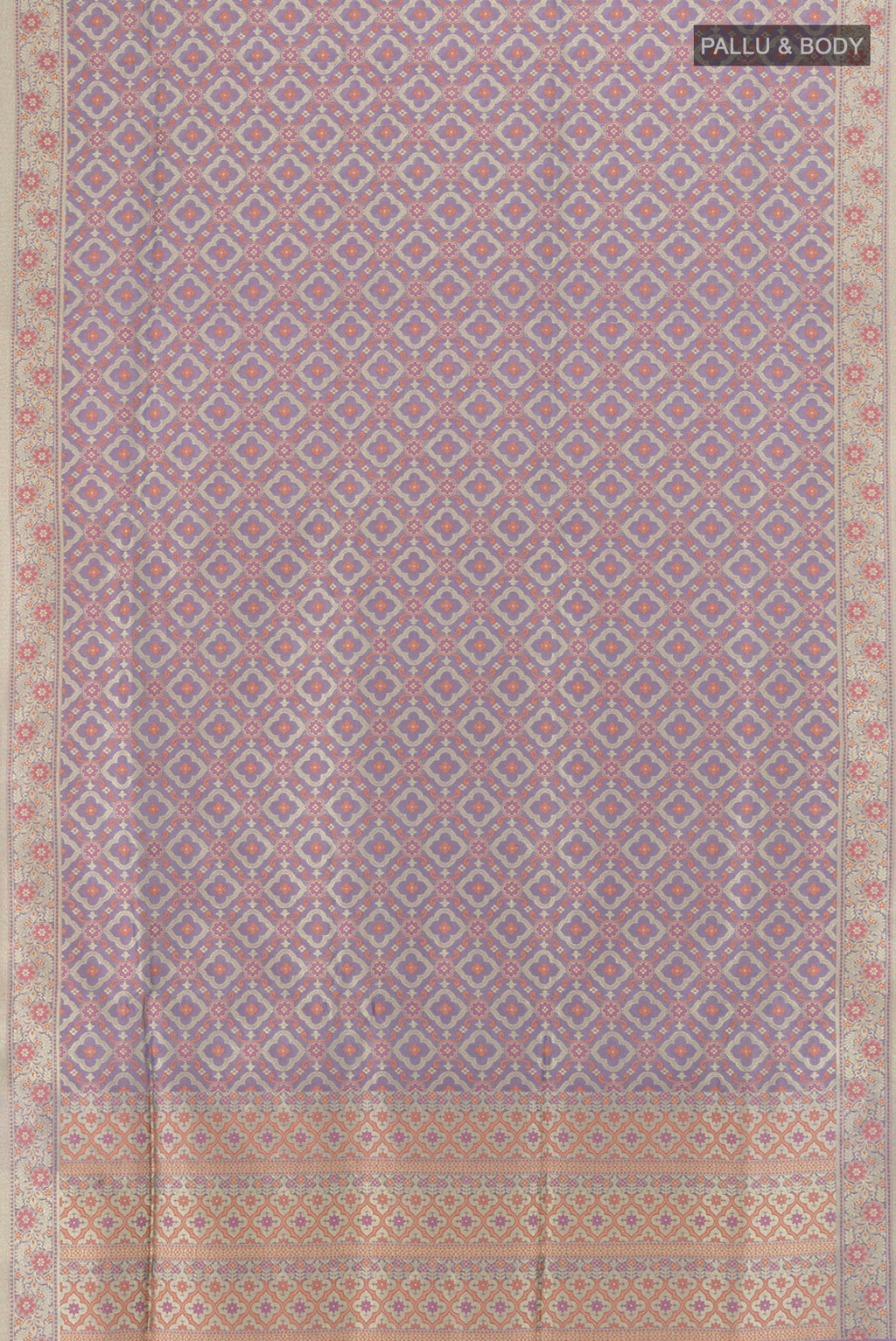 Flat view of Multi Color Banarasi Silk Saree with Zari Butta on the body and Silk Border. 