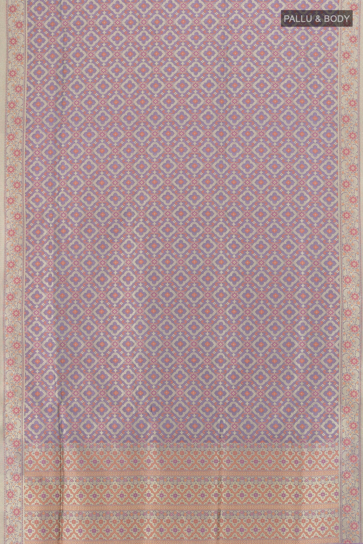Flat view of Multi Color Banarasi Silk Saree with Zari Butta on the body and Silk Border. 