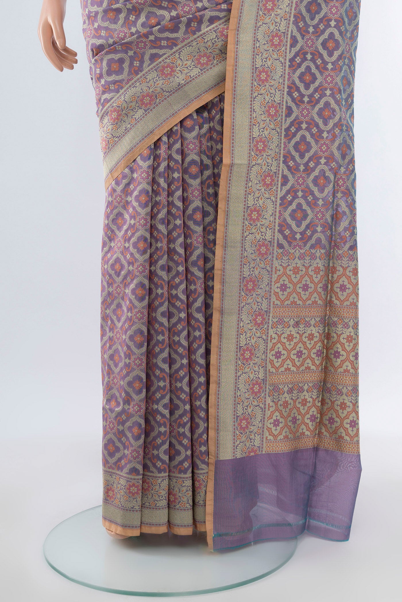 Pleats and pallu of Multi Color Banarasi Silk Saree with Zari Butta on the body and Silk Border. 