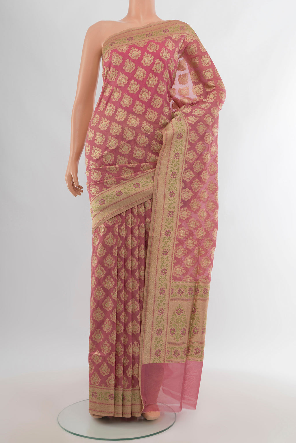 Pink Banarasi Silk Saree with Zari Butta on the body and Zari Border.  displayed on a mannequin