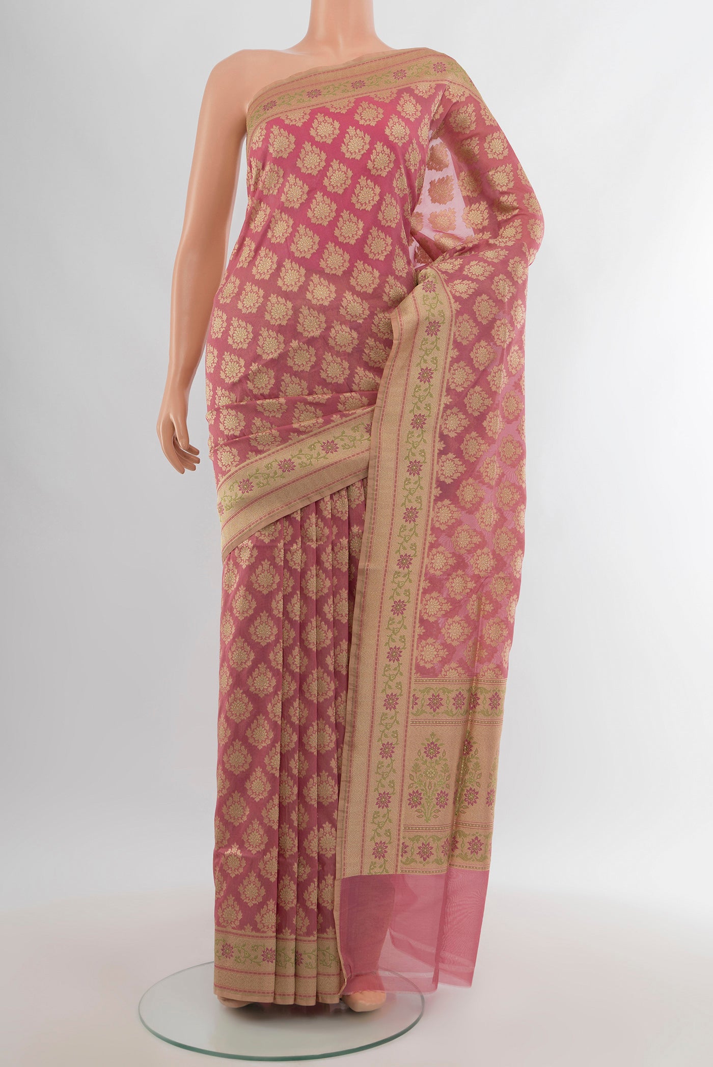 Pink Banarasi Silk Saree with Zari Butta on the body and Zari Border.  displayed on a mannequin