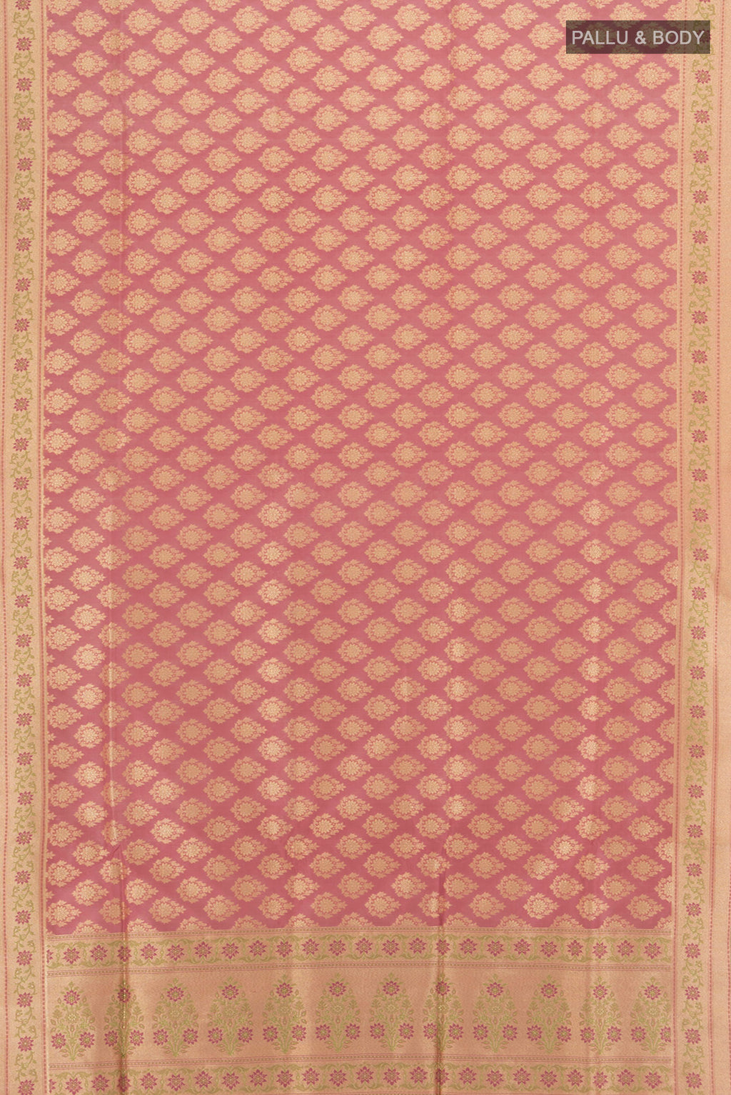 Flat view of Pink Banarasi Silk Saree with Zari Butta on the body and Zari Border. 