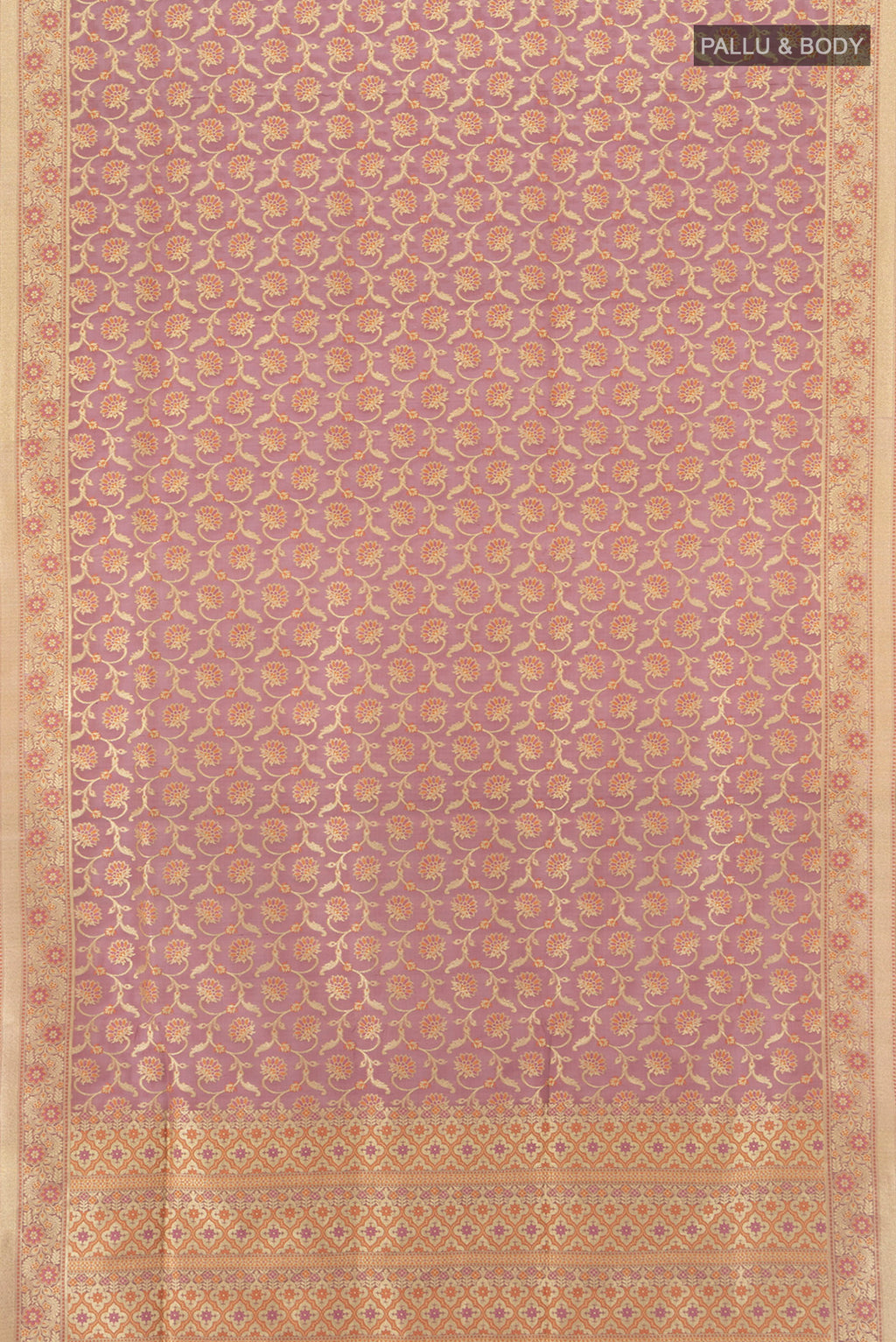 Flat view of Bronze Banarasi Silk Saree with Zari Butta on the body and Silk Border. 
