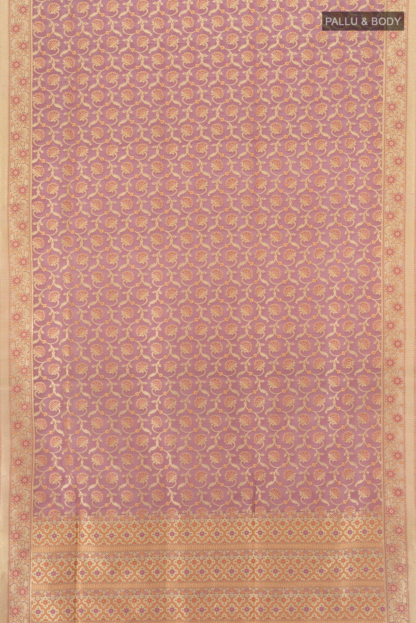 Flat view of Bronze Banarasi Silk Saree with Zari Butta on the body and Silk Border. 