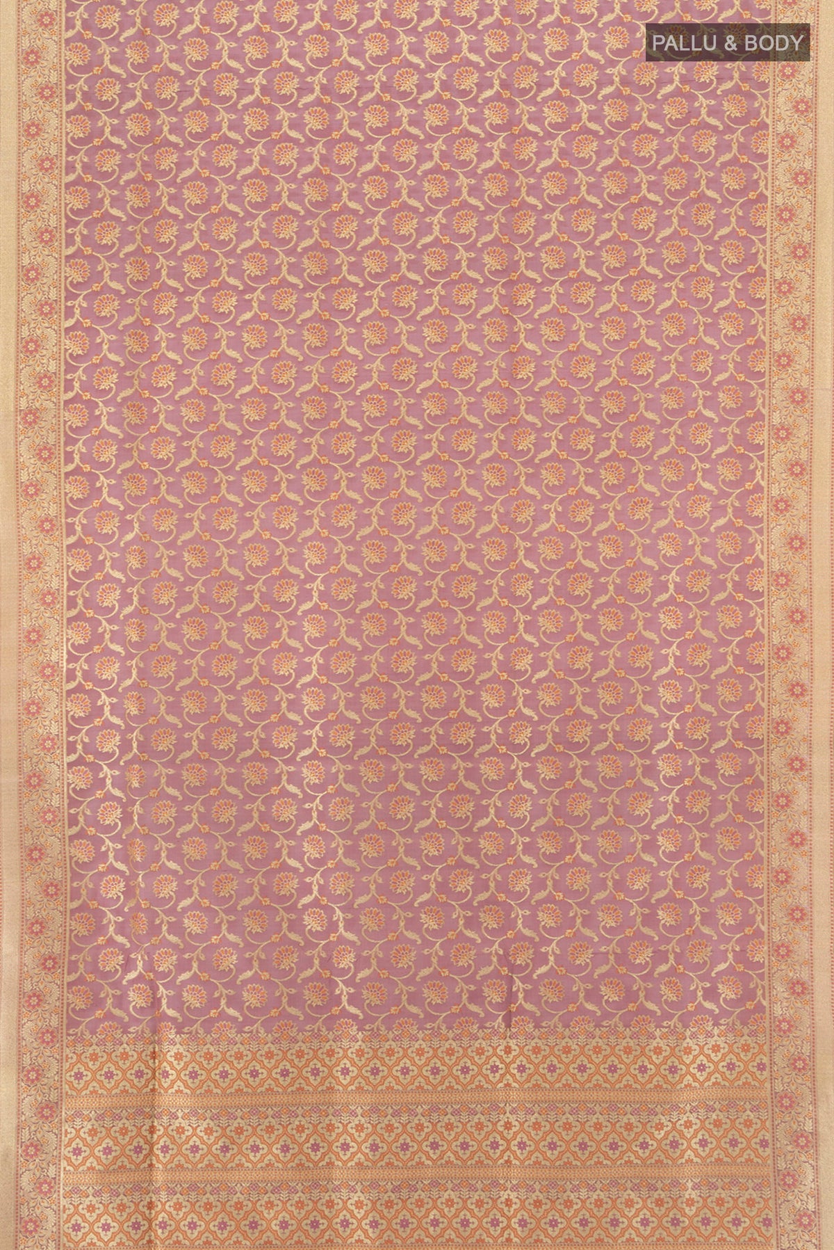 Flat view of Bronze Banarasi Silk Saree with Zari Butta on the body and Silk Border. 