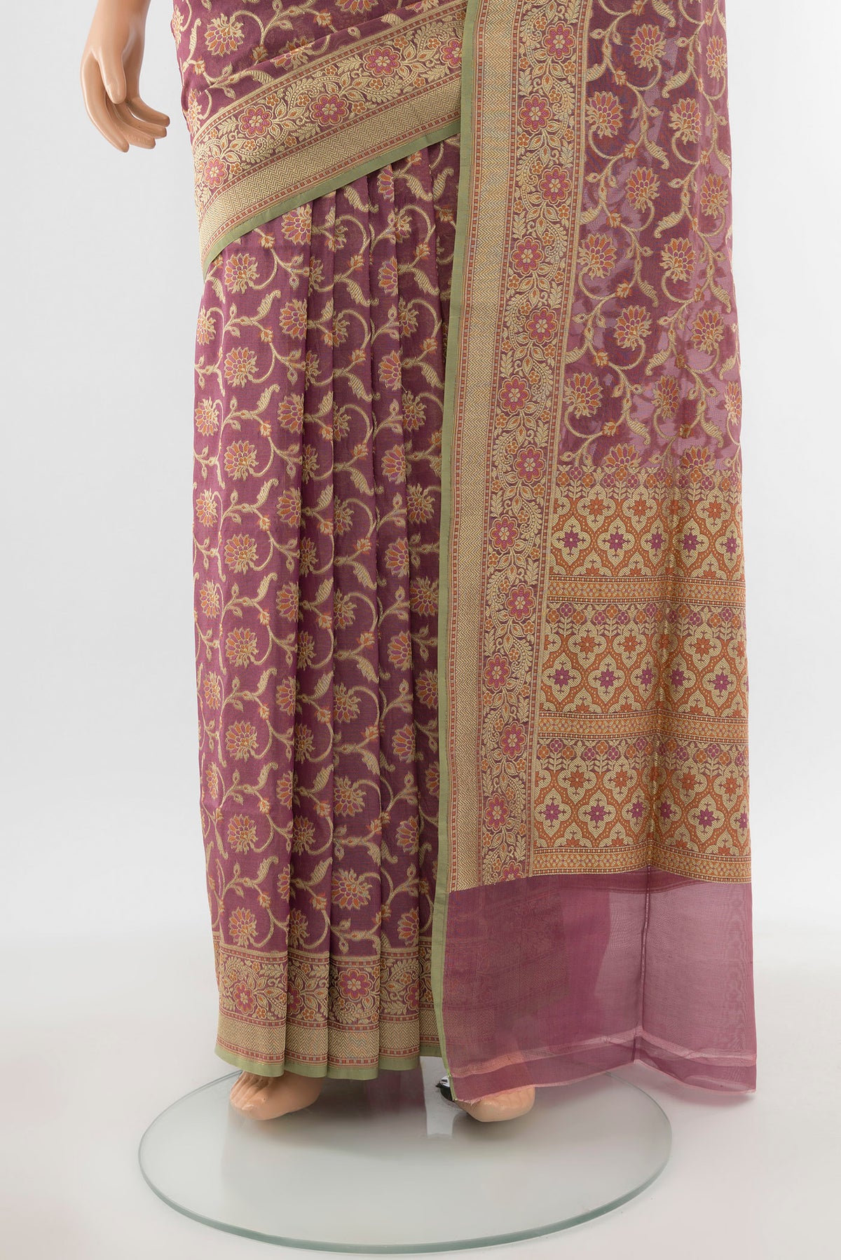 Pleats and pallu of Bronze Banarasi Silk Saree with Zari Butta on the body and Silk Border. 