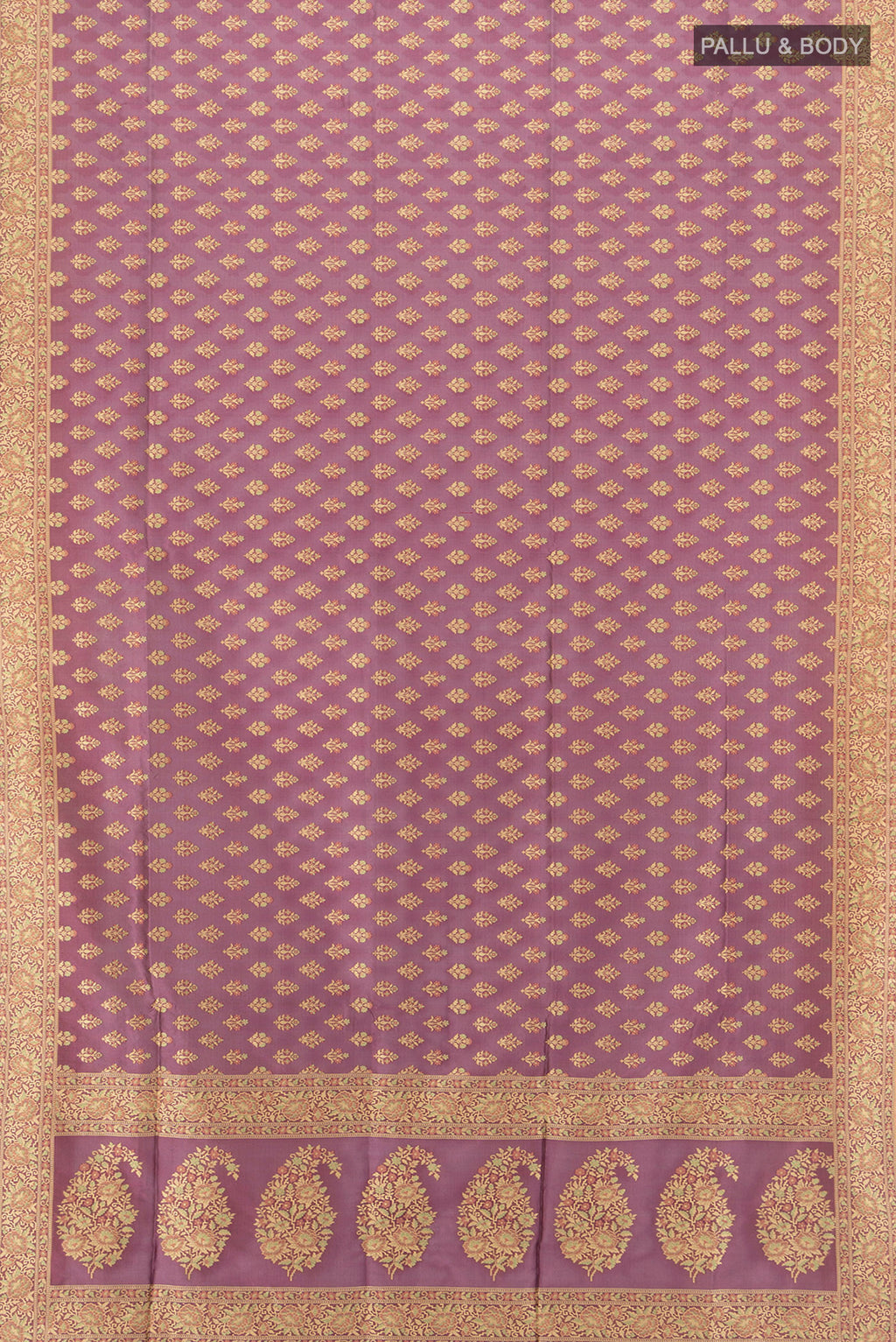 Flat view of Bronze Banarasi Silk Saree with Zari Butta on the body and Silk Border. 